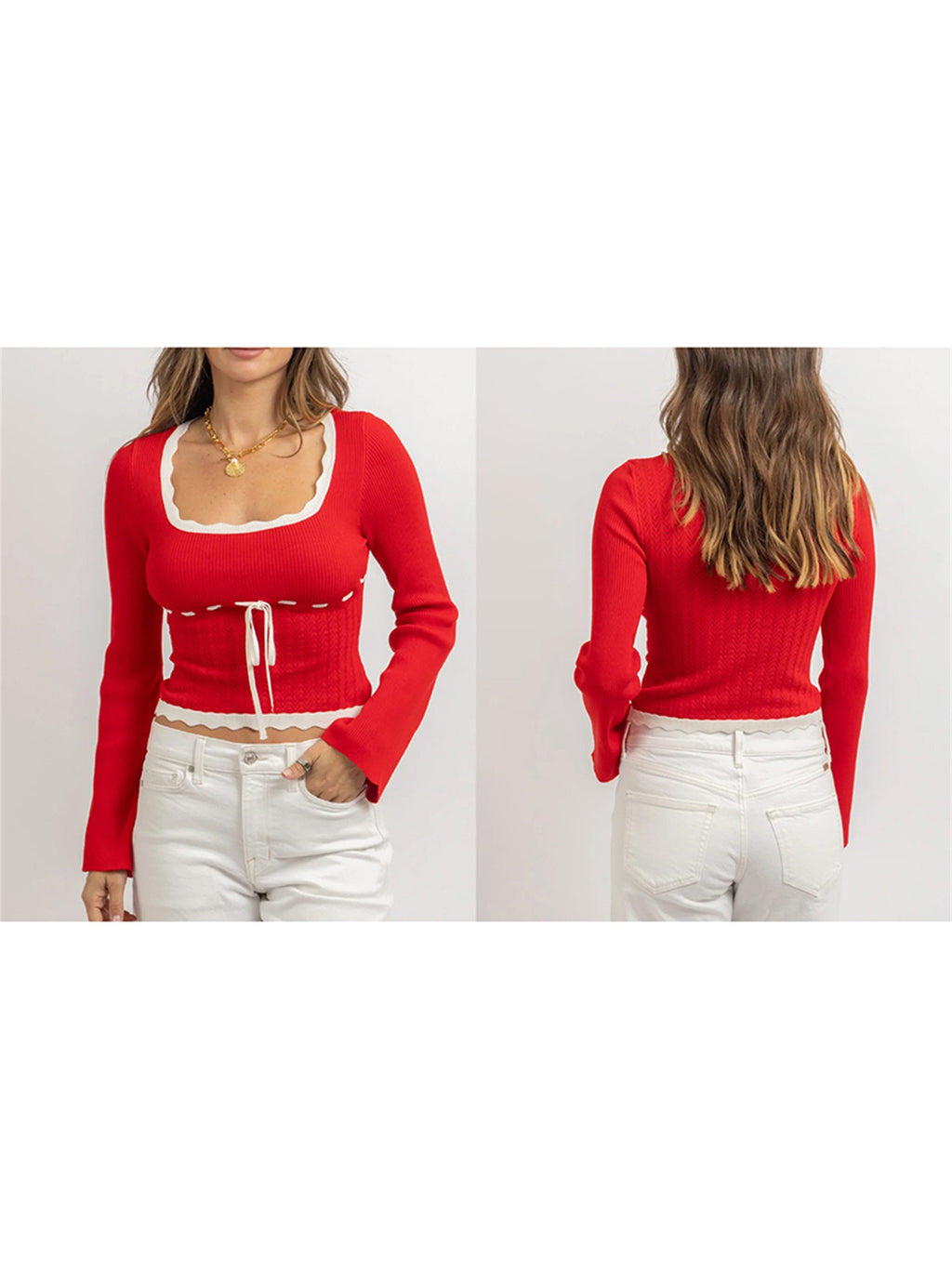 Womens Knit Crop Tops Slim Contrast Trim Bow Square Neck Long Sleeve Shirts Fall Casual Streetwear