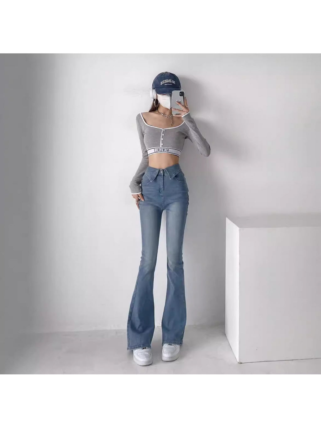 Trendy Women's High Waist Flared Denim Pants - Folded Hem Leg-Lengthening Hip-Lifting Casual Streetwear for Summer