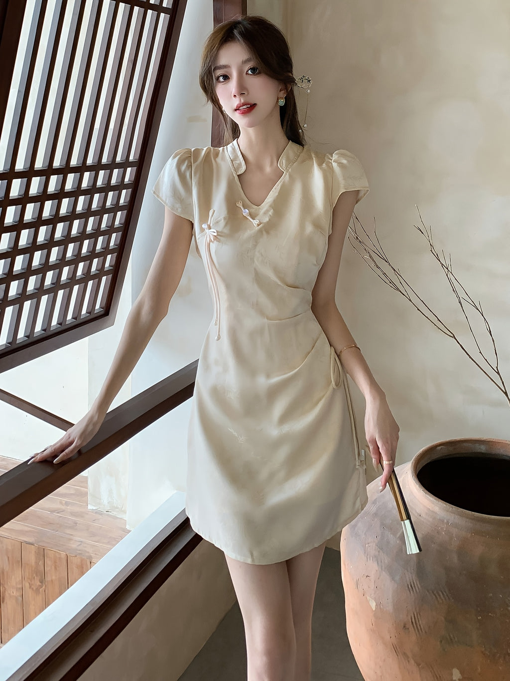 Jacquard Satin Lace-Up Drawstring Elegant Dress