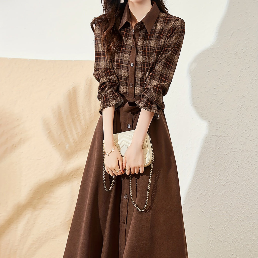 Elegant Skater Dress MOHO&MO Elegant Plaid Lapel Collar Long Sleeve Skater Dress | Polyester Blend Knee-High Sheath Silhouette, Fall\u002FWinter Collection - Middle East Exclusive