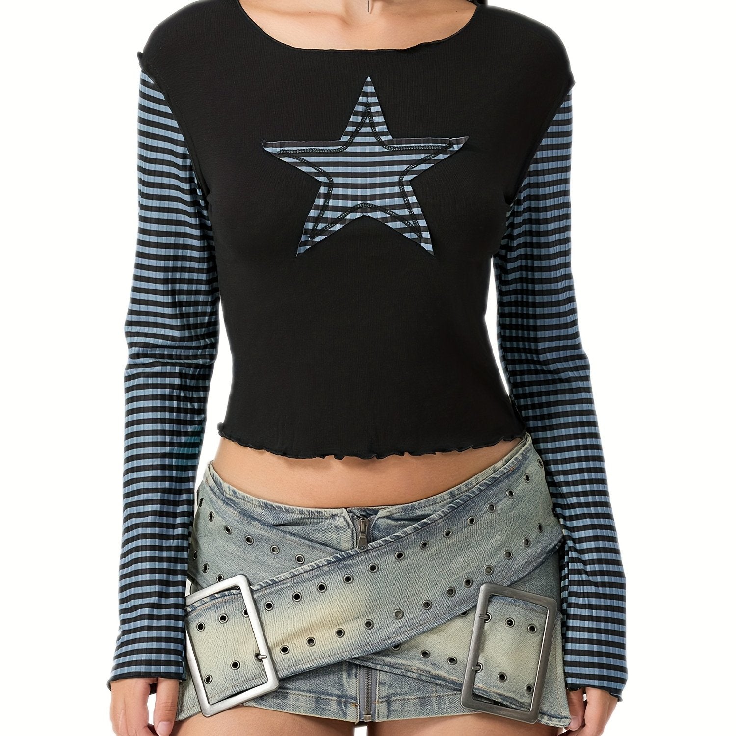 Women's Slim Fit Long Sleeve Crew Neck T-Shirt with Star & Stripes Design - Black & White Casual Top for Casual Attire, Polyester Blend, Machine Washable, Spring Summer Top | Star Stripe Design | Knit Fabric Tee