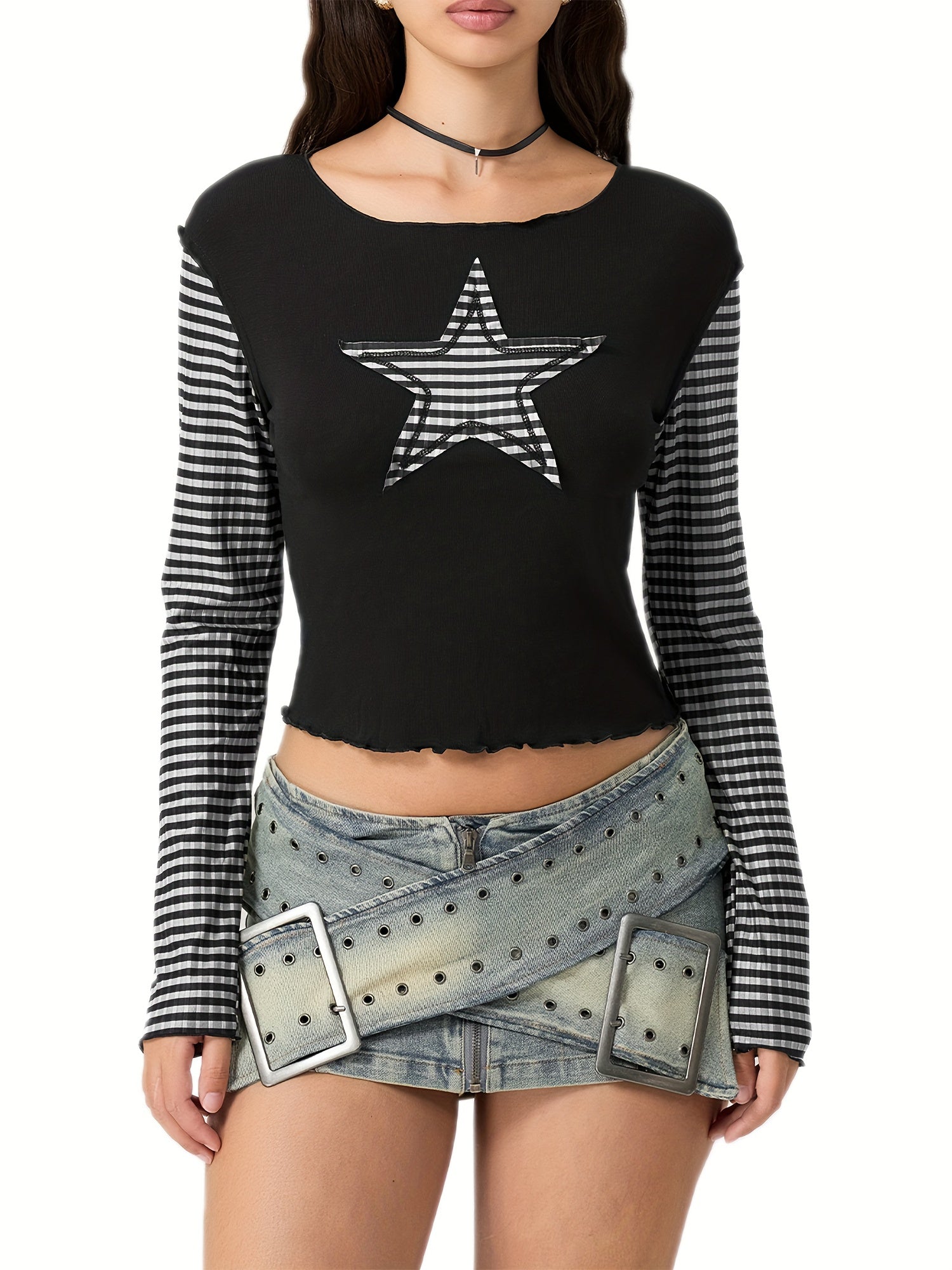 Women's Slim Fit Long Sleeve Crew Neck T-Shirt with Star & Stripes Design - Black & White Casual Top for Casual Attire, Polyester Blend, Machine Washable, Spring Summer Top | Star Stripe Design | Knit Fabric Tee