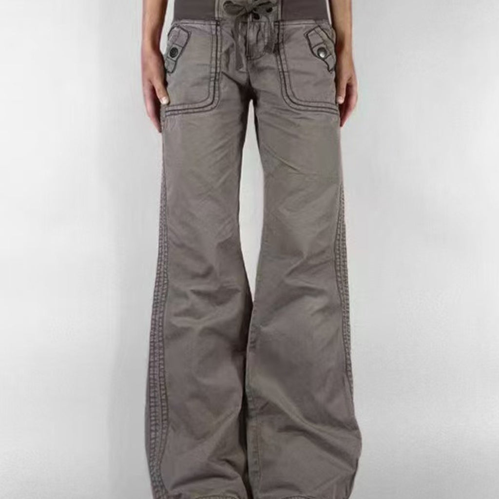 Women's Vintage 2025 American Retro Distressed Jeans - Low-Rise Flared Trousers with Threaded Stitching Waistband & Drawstring, Straight-Leg Fit, Belt Loops & Functional Pockets - Machine-Washable All-Season Denim Pants