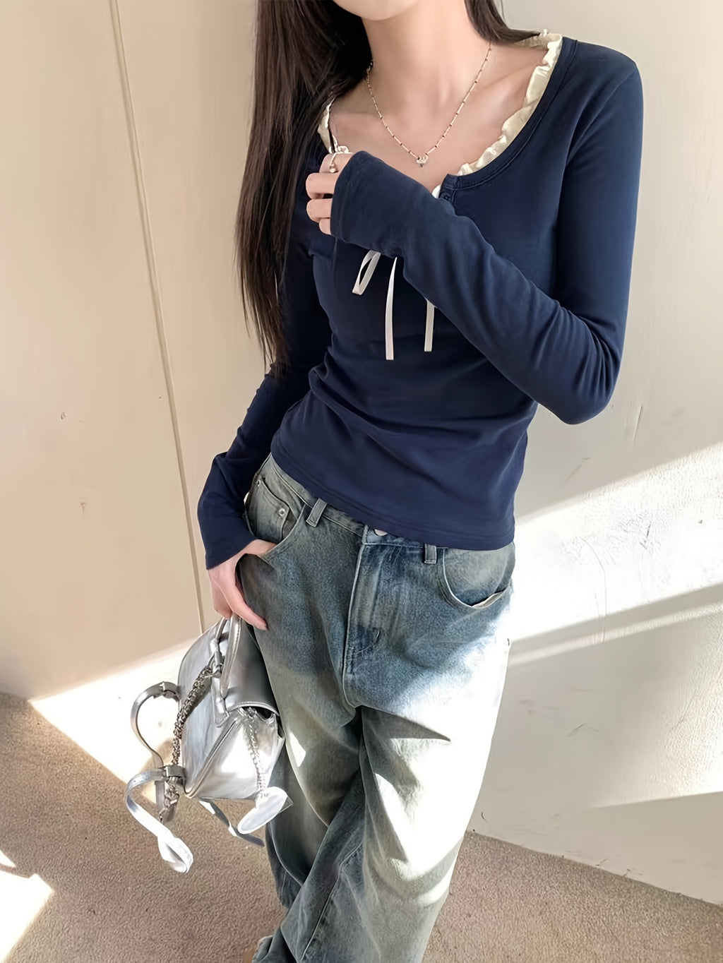 Women'S Slim-Fit Long Sleeve V-Neck Top with Ruffled Trim & Tie Detail - Stretchy Casual Chic Blouse for Spring\u002FFall, Versatile Layering Piece, Spring Fashion Top | Ruffled Trim Top | Stretchy Fabric