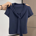 Women'S Elegant Navy Blue V-Neck T-Shirt - Slim Fit Blouse with Tie-like Front, Lightweight Everyday & Formal Tops for Office, Dates, Parties - Machine Washable Women'S Clothing, Date Night Top, Sophisticated Casual Wear, Skinfriendly Fabric
