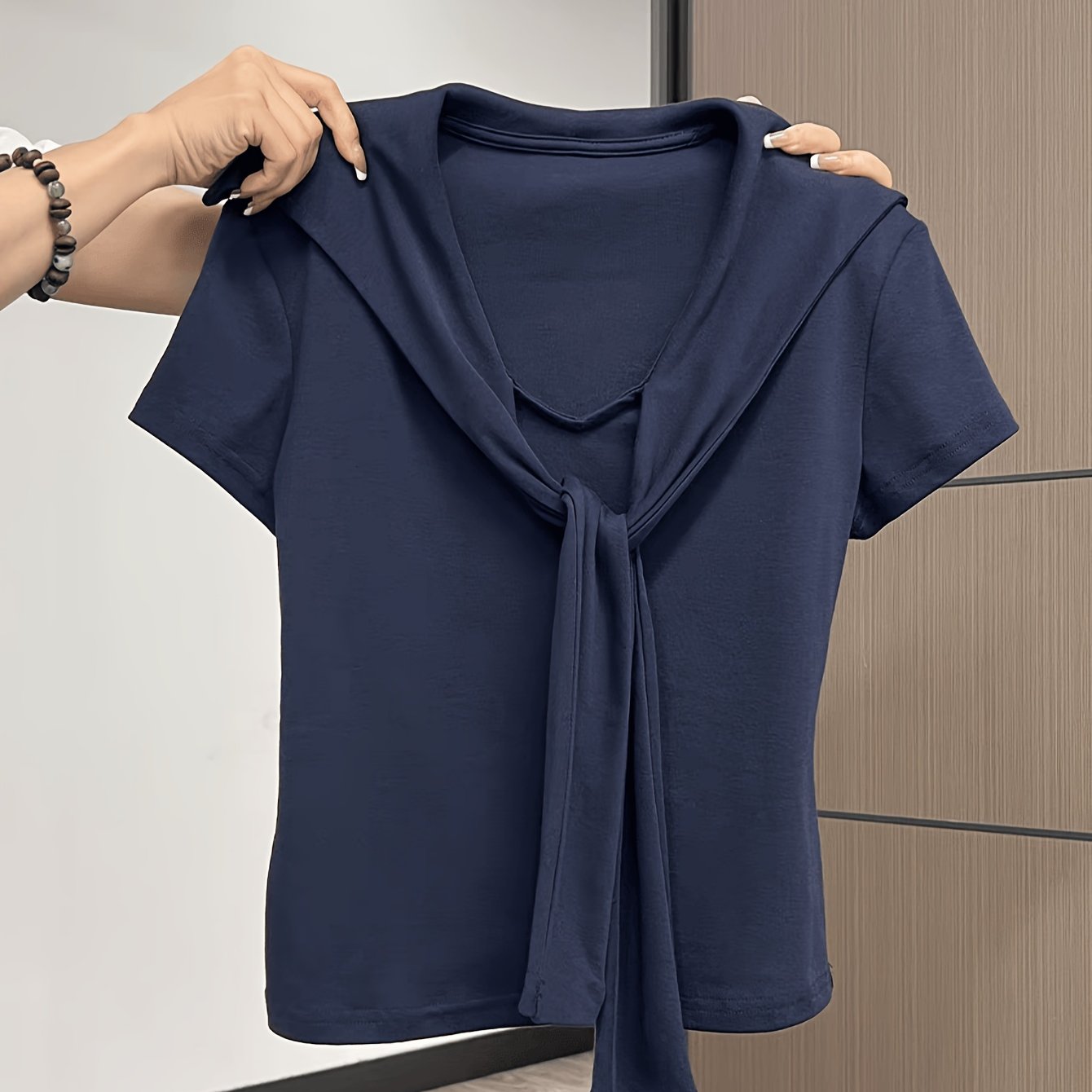 Women'S Elegant Navy Blue V-Neck T-Shirt - Slim Fit Blouse with Tie-like Front, Lightweight Everyday & Formal Tops for Office, Dates, Parties - Machine Washable Women'S Clothing, Date Night Top, Sophisticated Casual Wear, Skinfriendly Fabric