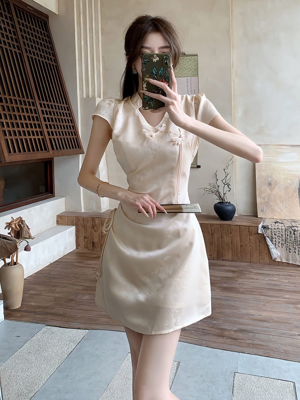 Jacquard Satin Lace-Up Drawstring Elegant Dress