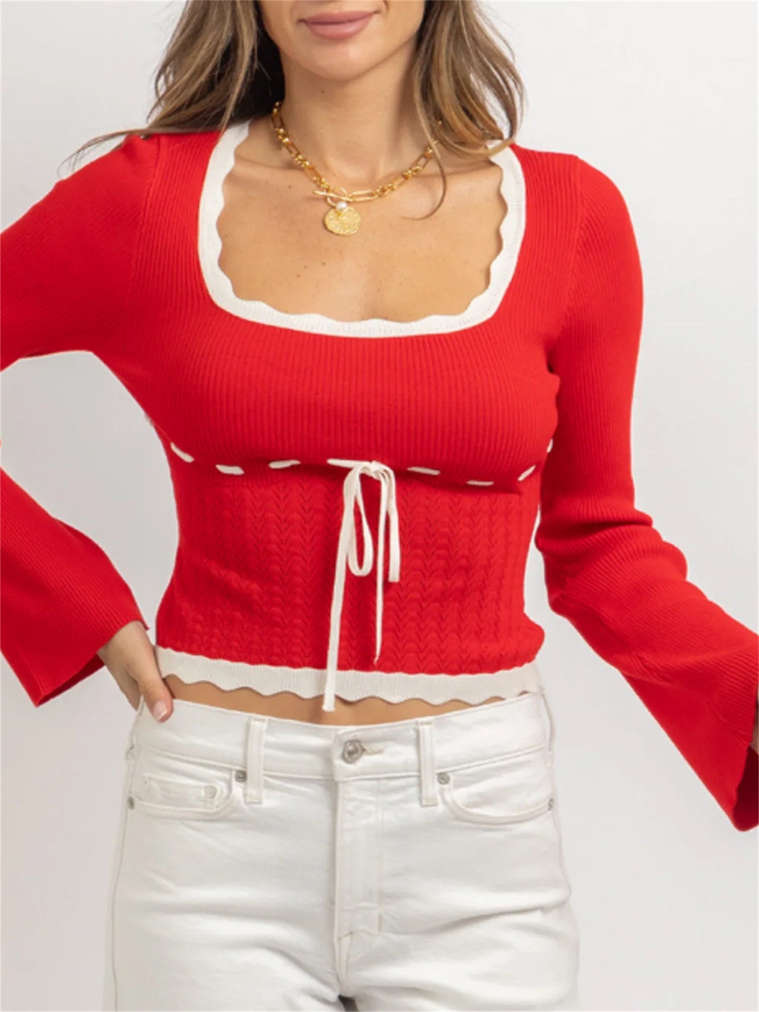 Womens Knit Crop Tops Slim Contrast Trim Bow Square Neck Long Sleeve Shirts Fall Casual Streetwear