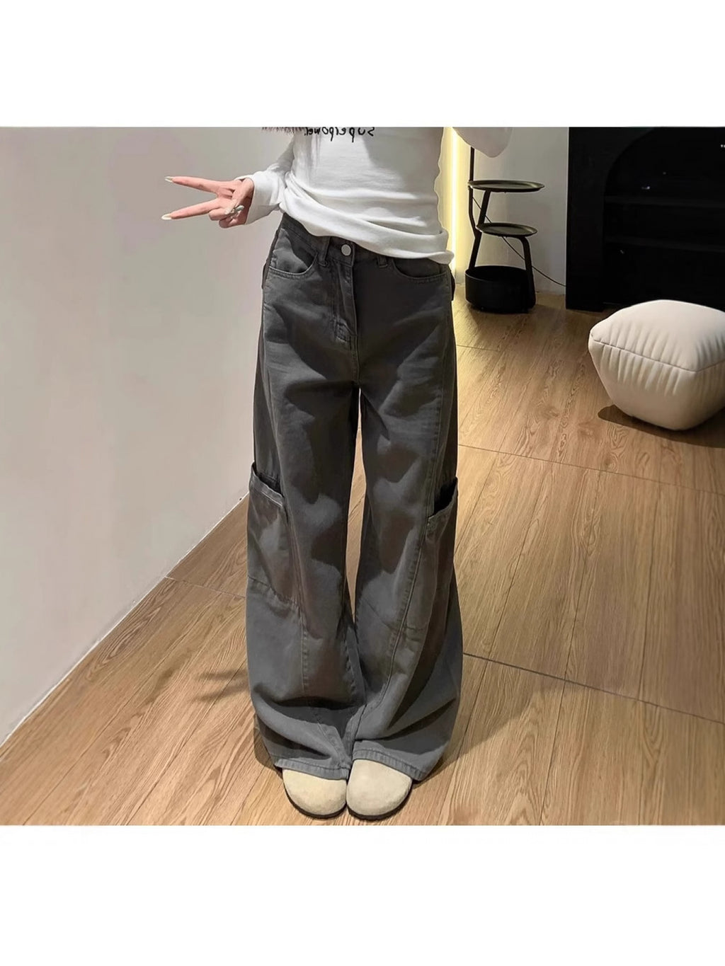Gray Wide-Leg Cargo Pants for Women, Summer New Style, Plus Size, Loose Fit, Pear-Shaped Body, Straight-Leg Jeans