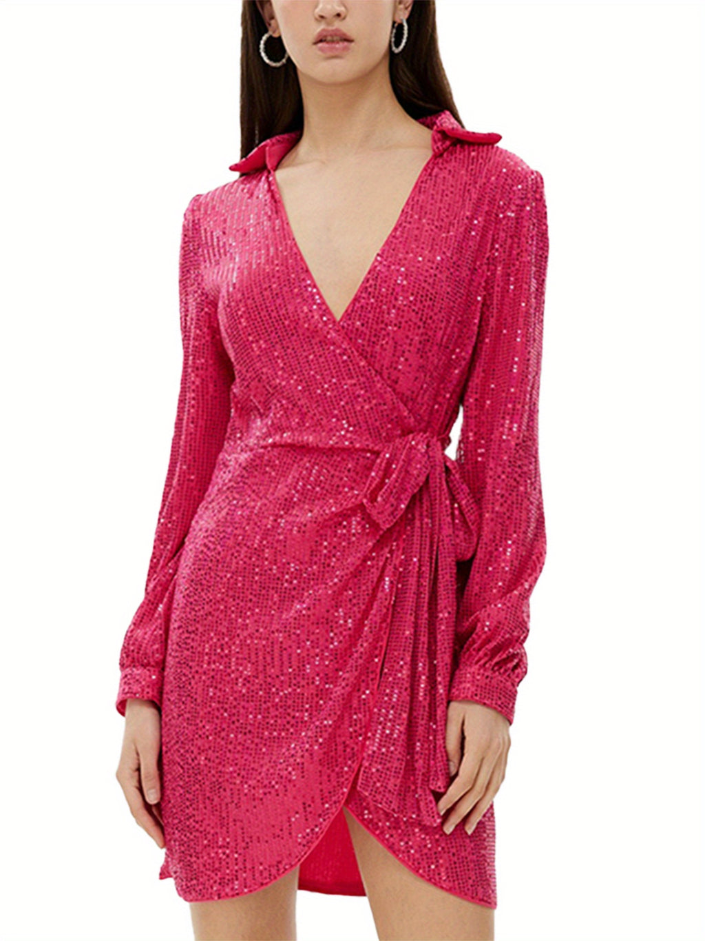 Y2K Women's Short Sequin Dress - Long Sleeve Lapel Deep V-Neck Cross Front Knot Detail Evening Dress, Machine Washable Spring Summer Fall Party Clubwear, Versatile Dress | Lapel Collar | Sequin Fabric, Sequin Formal Dress