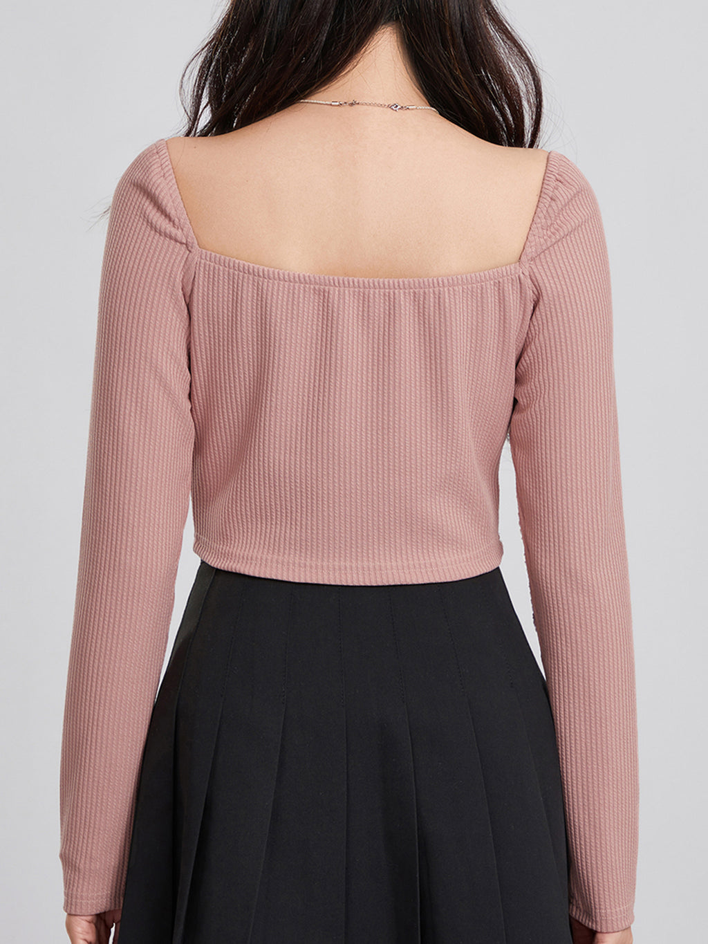 1pc Women'S Cotton Ribbed Long Sleeve Crop Top with Sweetheart Neckline and Bow Tie Detail - Casual Square Neck Knit Fabric Solid Color Tops for All Seasons