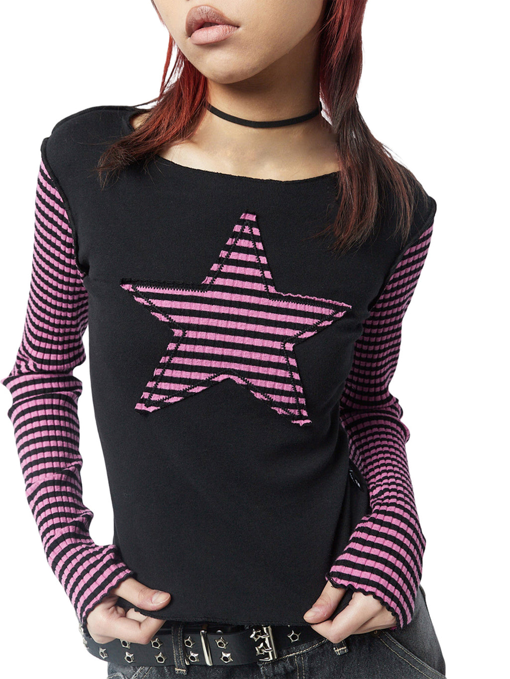 Women's Slim Fit Long Sleeve Crew Neck T-Shirt with Star & Stripes Design - Black & White Casual Top for Casual Attire, Polyester Blend, Machine Washable, Spring Summer Top | Star Stripe Design | Knit Fabric Tee