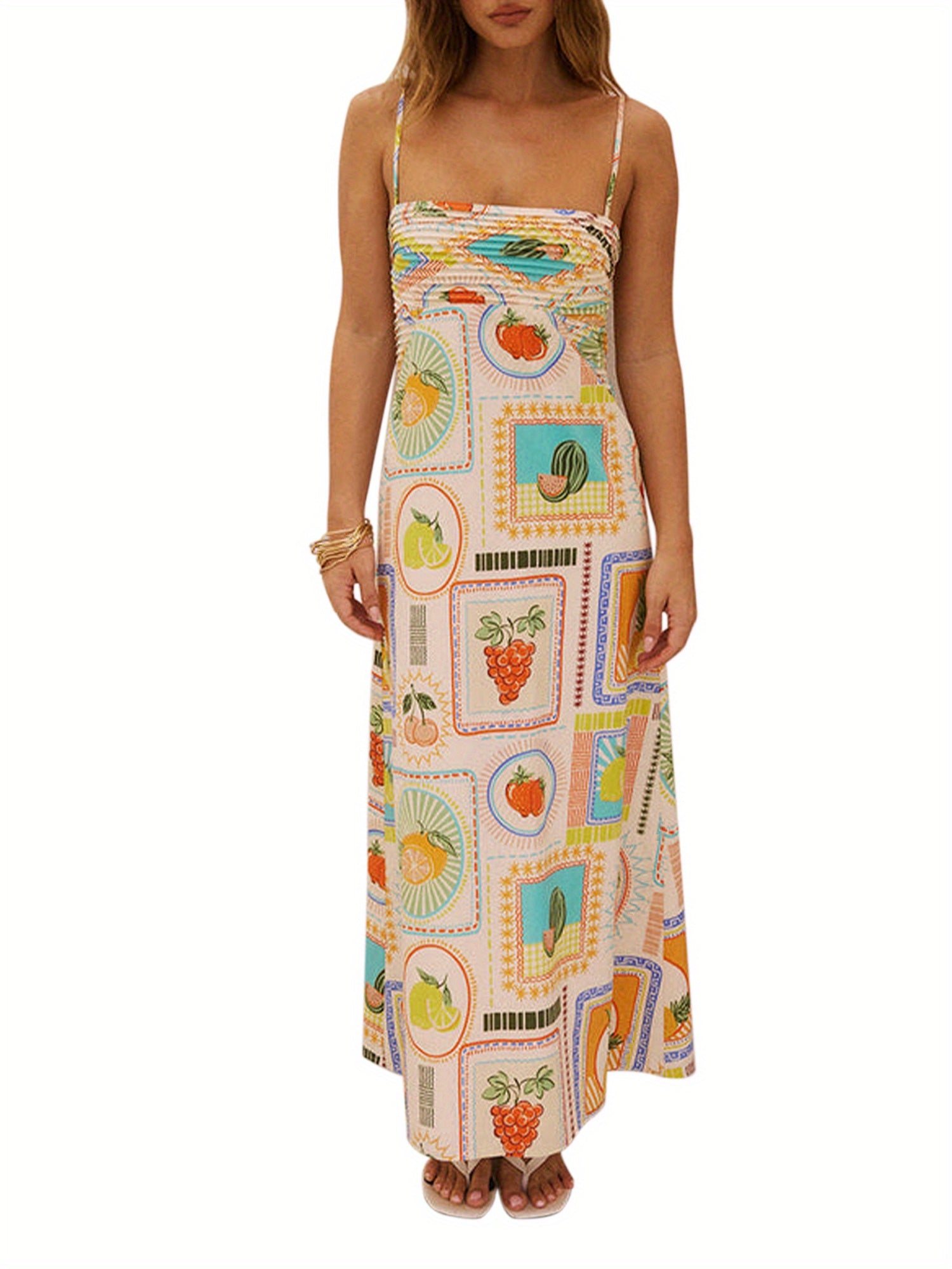 1pc Boho Chic Off-Shoulder Slingback Midi Dress for Women - Polyester Knit Fabric, Fruit & Vegetable Print, Sleeveless with Spaghetti Straps, Backless Design, Casual Summer Beachwear