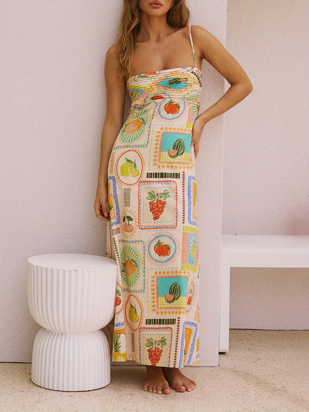 1pc Boho Chic Off-Shoulder Slingback Midi Dress for Women - Polyester Knit Fabric, Fruit & Vegetable Print, Sleeveless with Spaghetti Straps, Backless Design, Casual Summer Beachwear