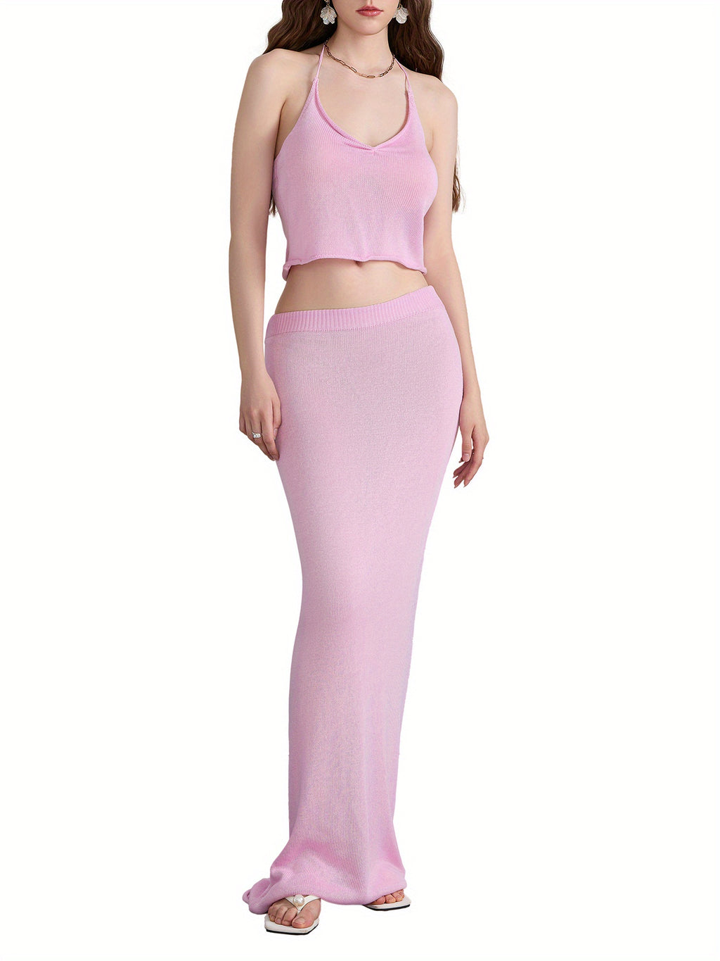 Women'S 2pcs Skirt Outfits Solid Color Halter Neck Tank Tops Long Skinny Skirt Set