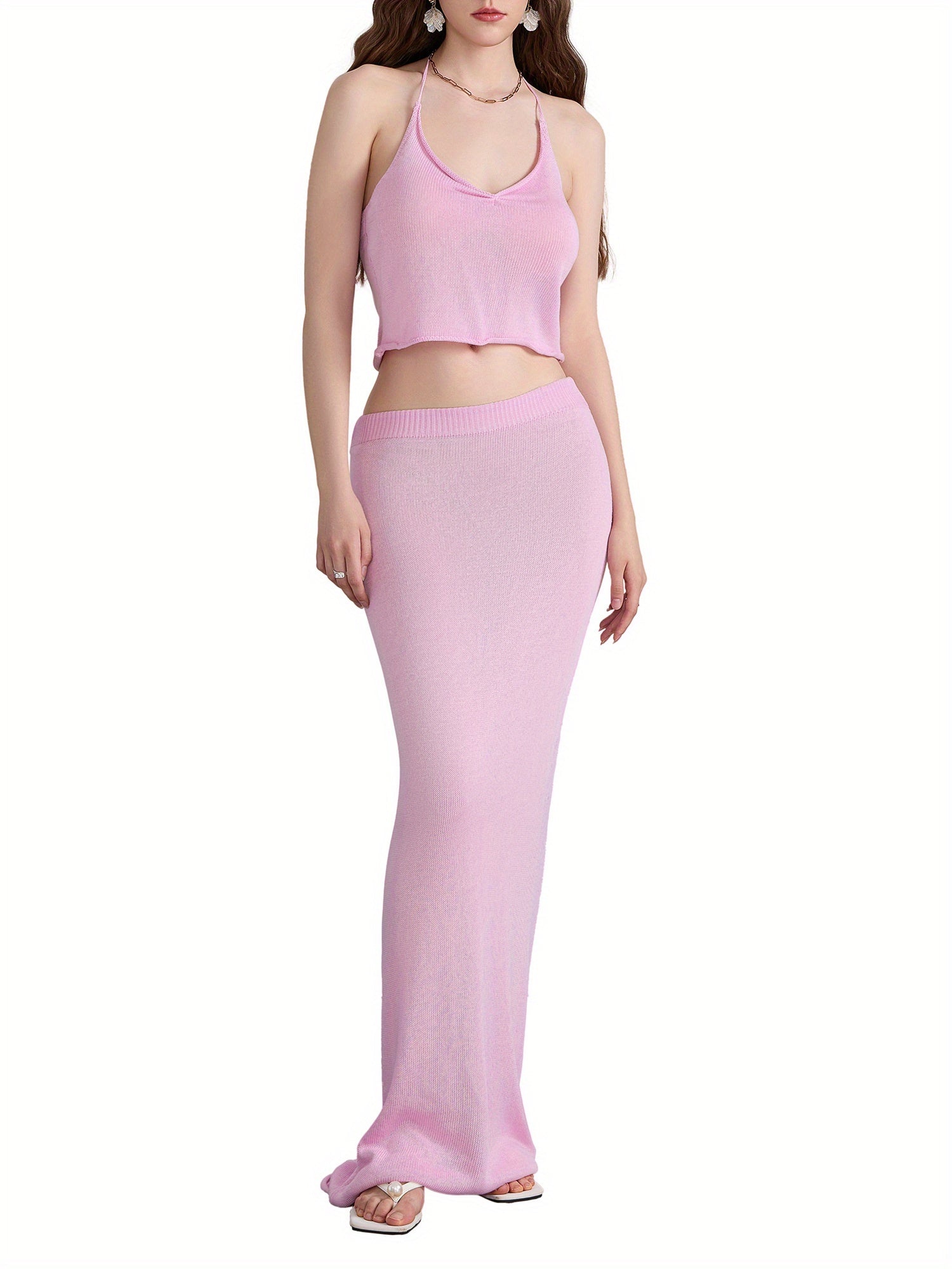 Women'S 2pcs Skirt Outfits Solid Color Halter Neck Tank Tops Long Skinny Skirt Set