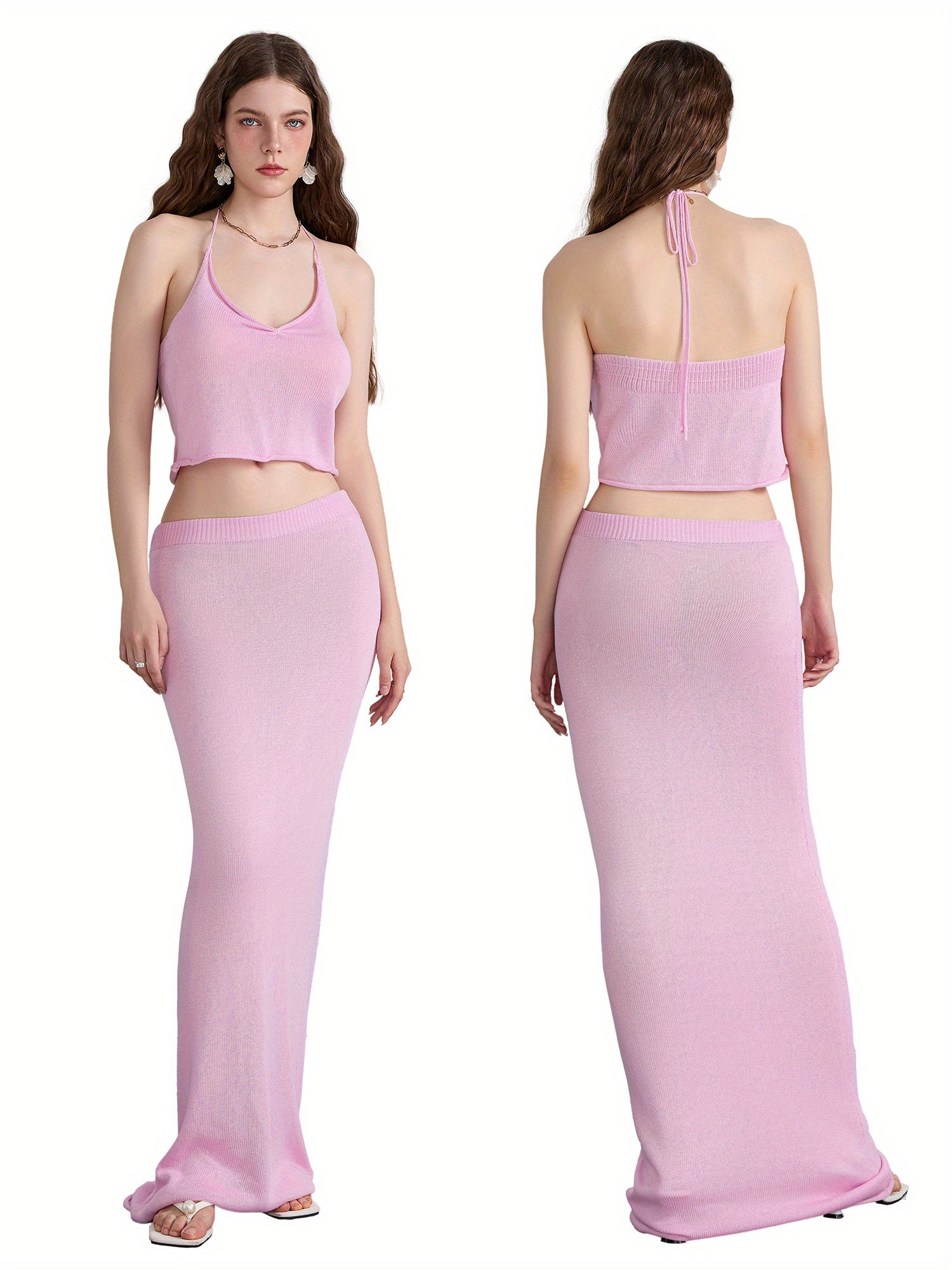 Women'S 2pcs Skirt Outfits Solid Color Halter Neck Tank Tops Long Skinny Skirt Set