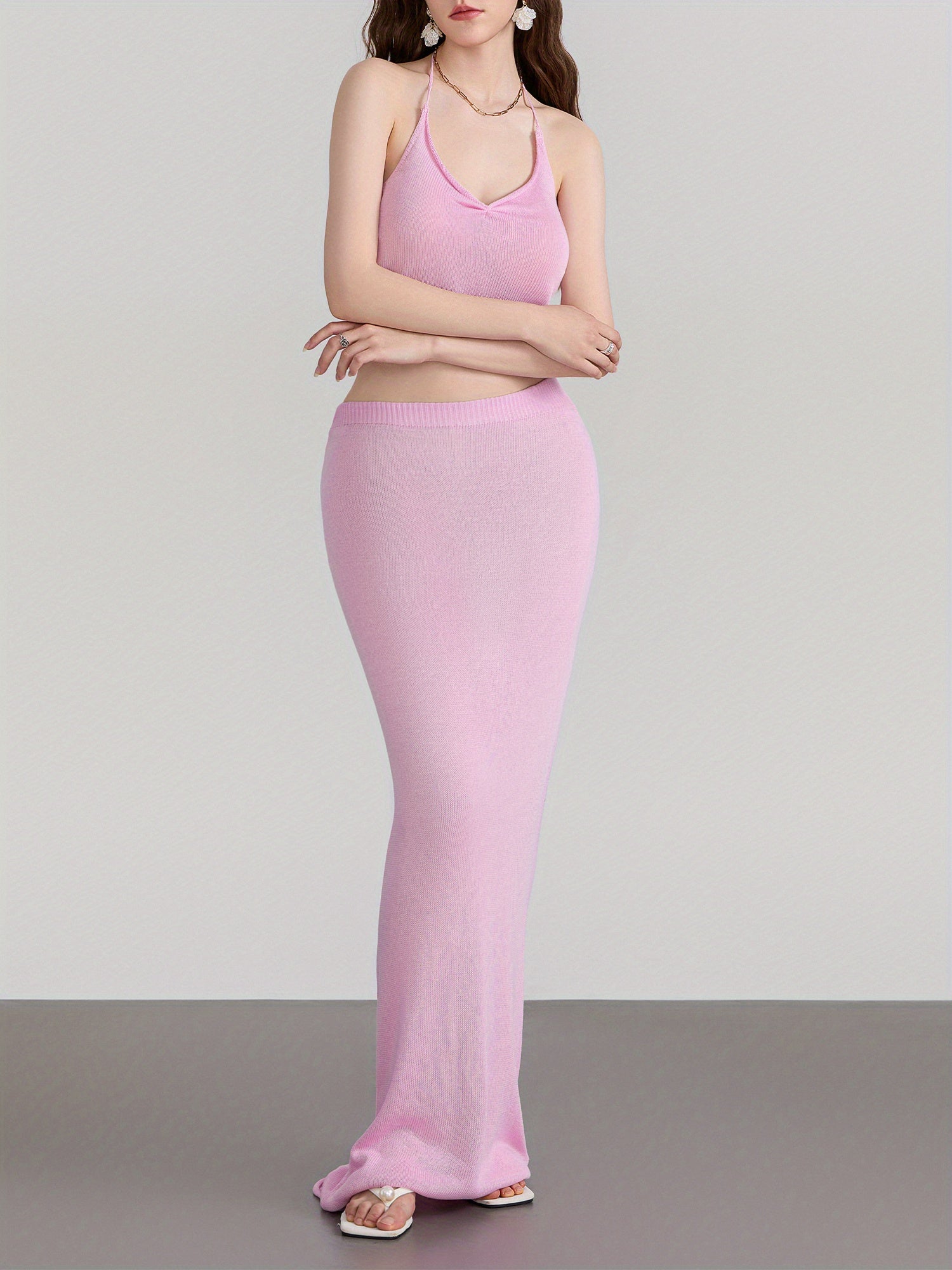 Women'S 2pcs Skirt Outfits Solid Color Halter Neck Tank Tops Long Skinny Skirt Set