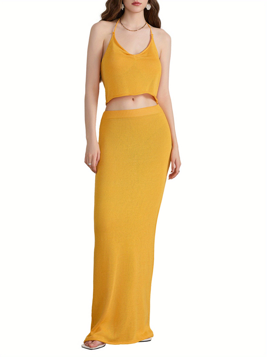 Women'S 2pcs Skirt Outfits Solid Color Halter Neck Tank Tops Long Skinny Skirt Set