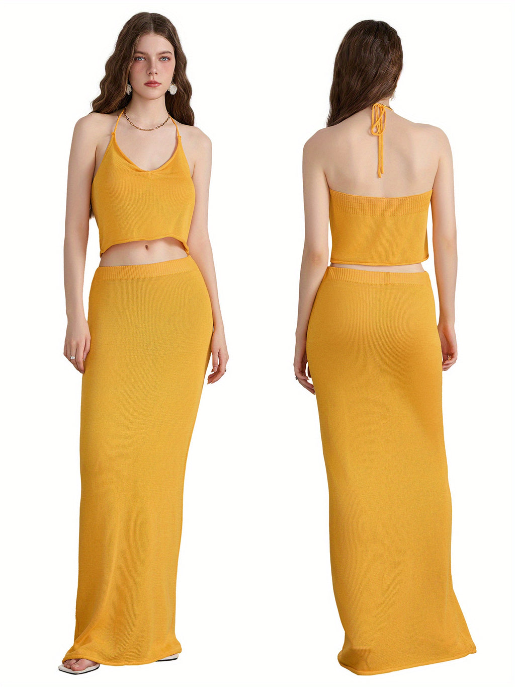 Women'S 2pcs Skirt Outfits Solid Color Halter Neck Tank Tops Long Skinny Skirt Set