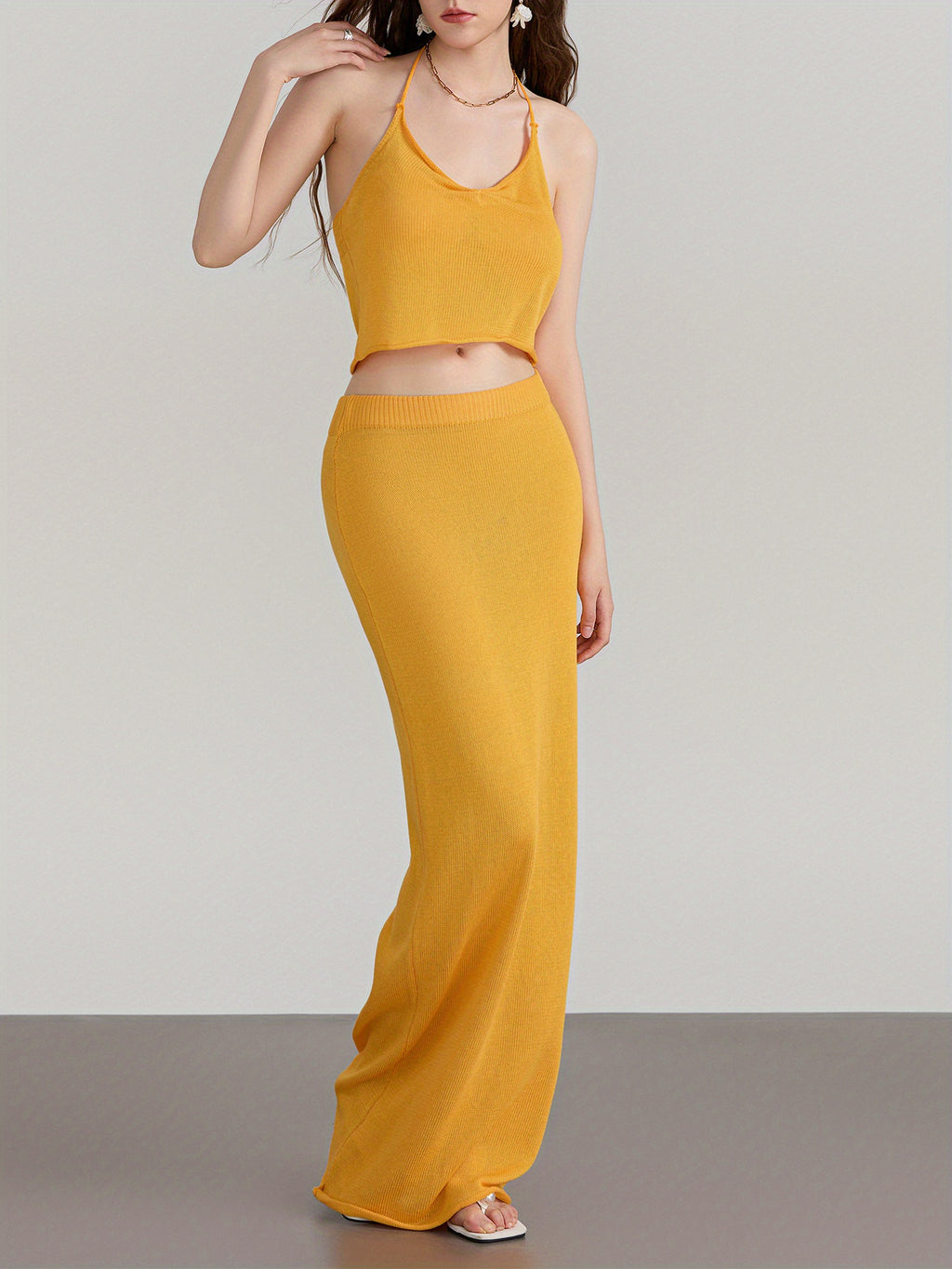 Women'S 2pcs Skirt Outfits Solid Color Halter Neck Tank Tops Long Skinny Skirt Set