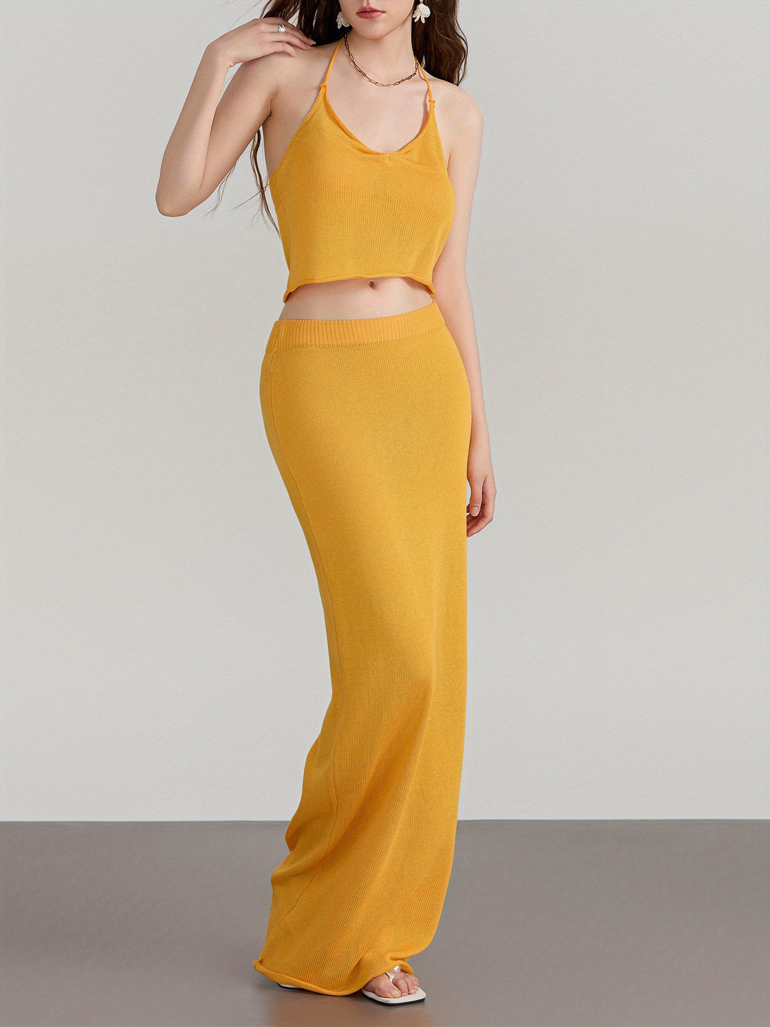 Women'S 2pcs Skirt Outfits Solid Color Halter Neck Tank Tops Long Skinny Skirt Set
