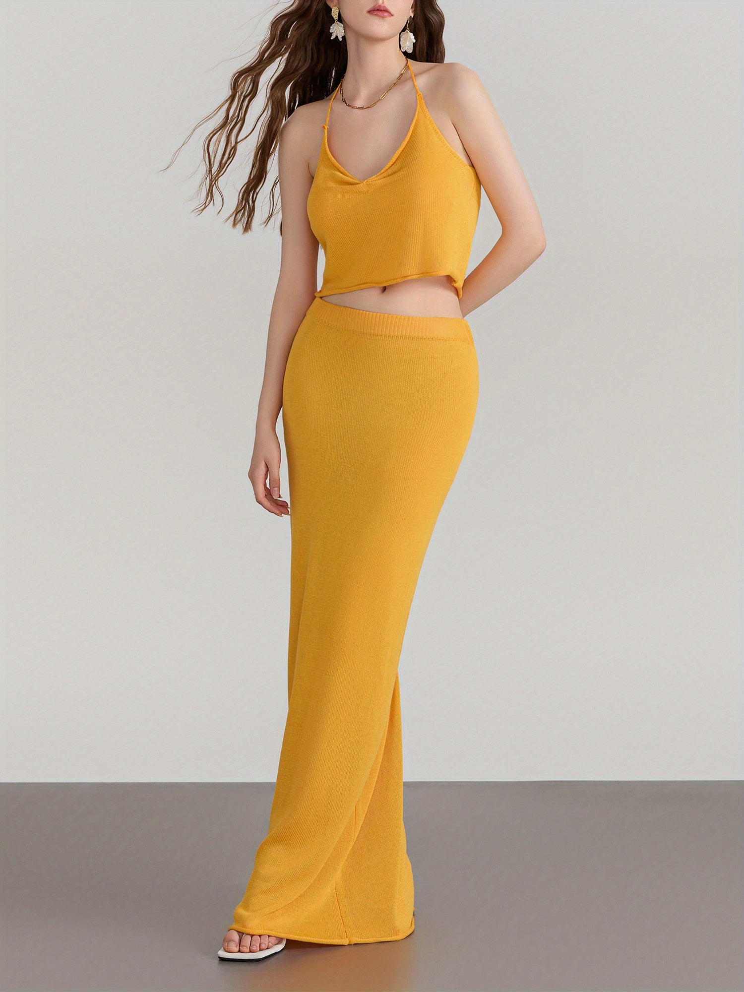 Women'S 2pcs Skirt Outfits Solid Color Halter Neck Tank Tops Long Skinny Skirt Set