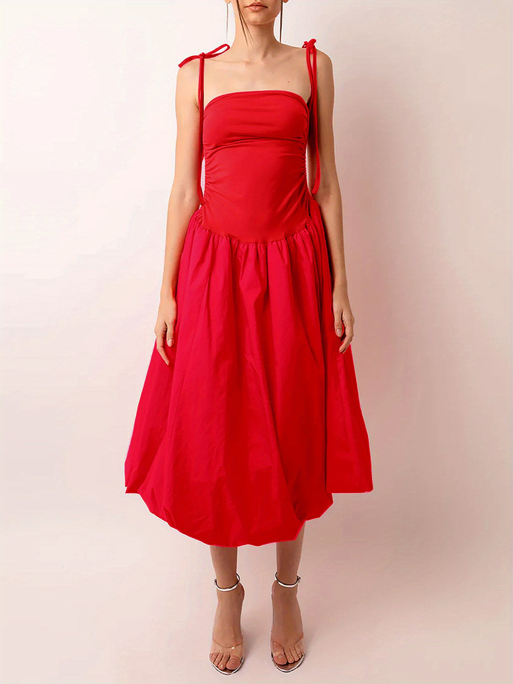 Elegant Women's Red Maxi Cami Dress - Flowy, Sleeveless with Spaghetti Straps, Boho Style, Solid Color, Polyester Blend, Machine Washable