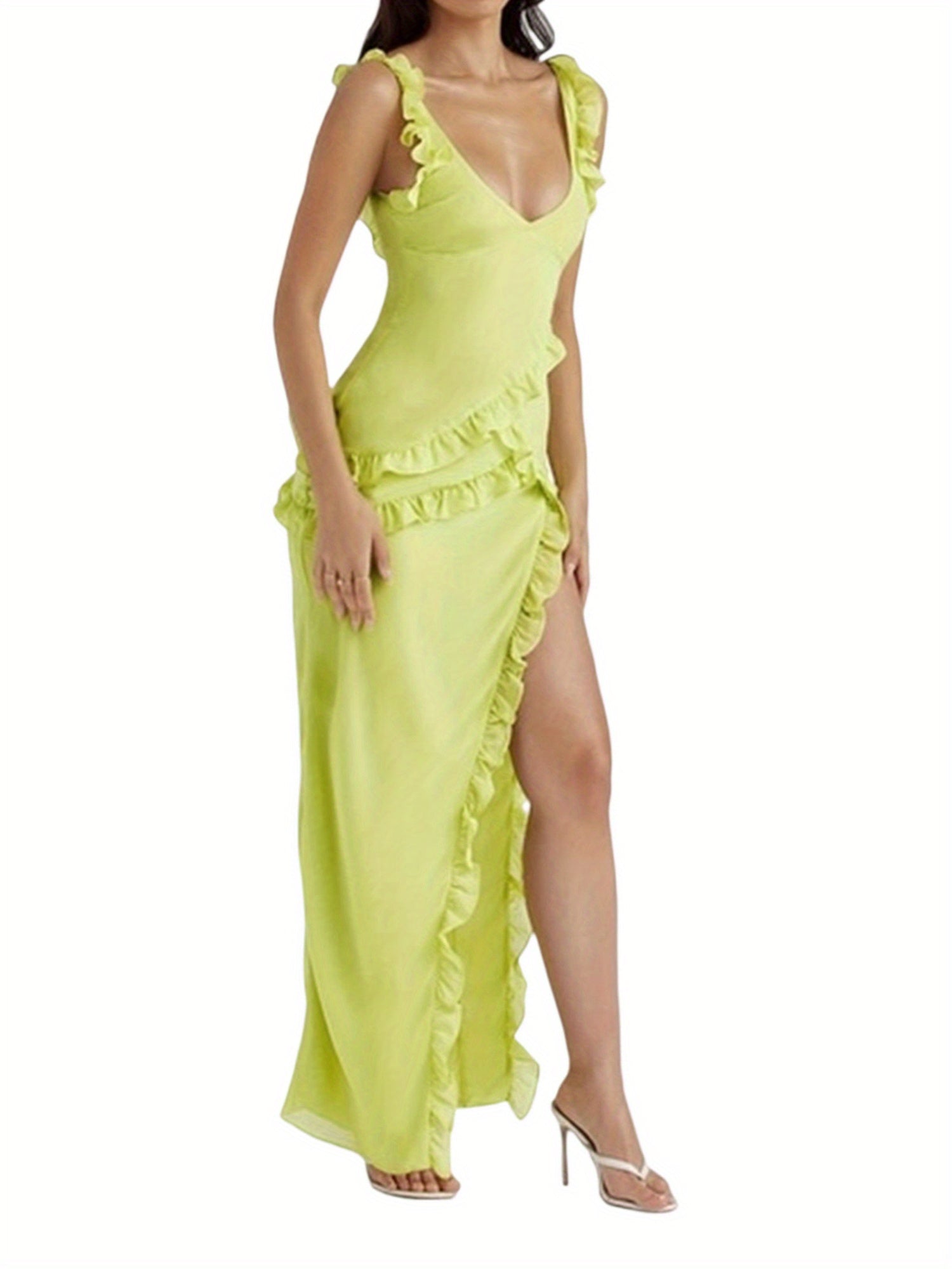 Women'S Sleeveless V-Neck Bodycon Dress - Summer Ruffle Detail, Low Collar, Woven, Solid Color, Frill Trim, Backless with Side Slit, Perfect for Evening Events