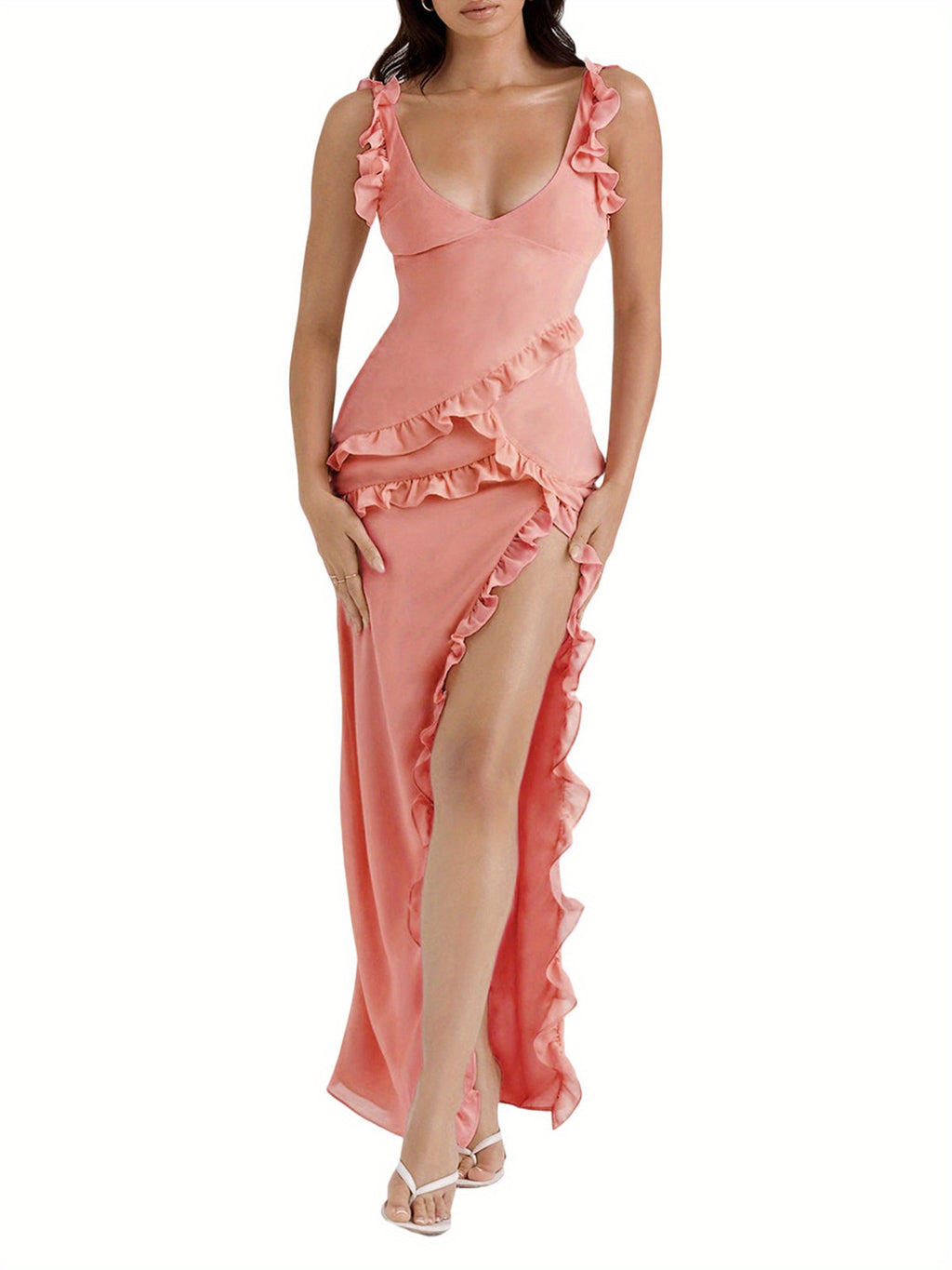 Women'S Sleeveless V-Neck Bodycon Dress - Summer Ruffle Detail, Low Collar, Woven, Solid Color, Frill Trim, Backless with Side Slit, Perfect for Evening Events