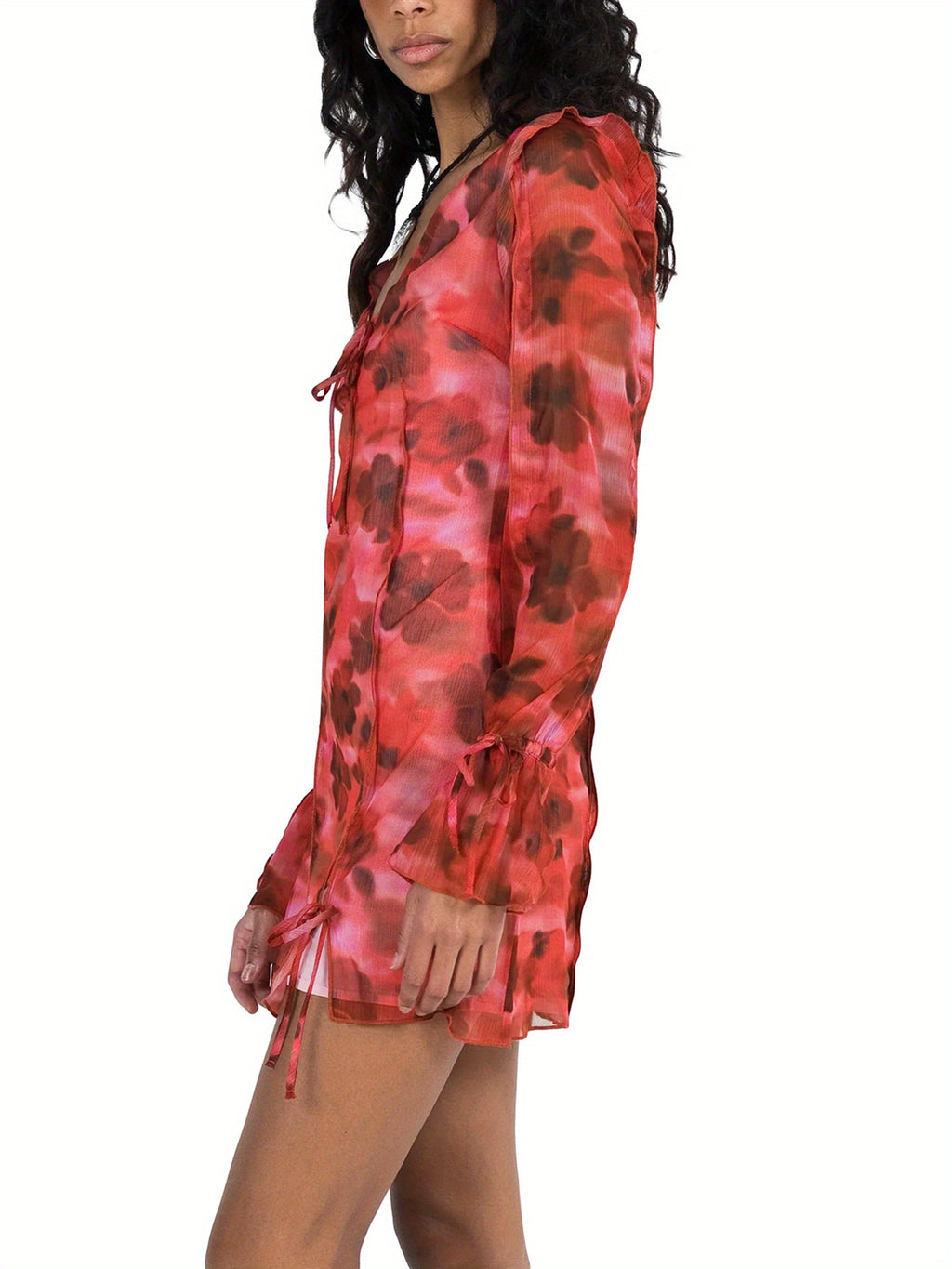 Elegant Floral Print Mini Dress for Women - V-Neck, Long Sleeve with Tie-Front Detail & Split Hem, Lightweight Polyester - Perfect for Spring\u002FSummer Casual or Clubwear, Cute Dress