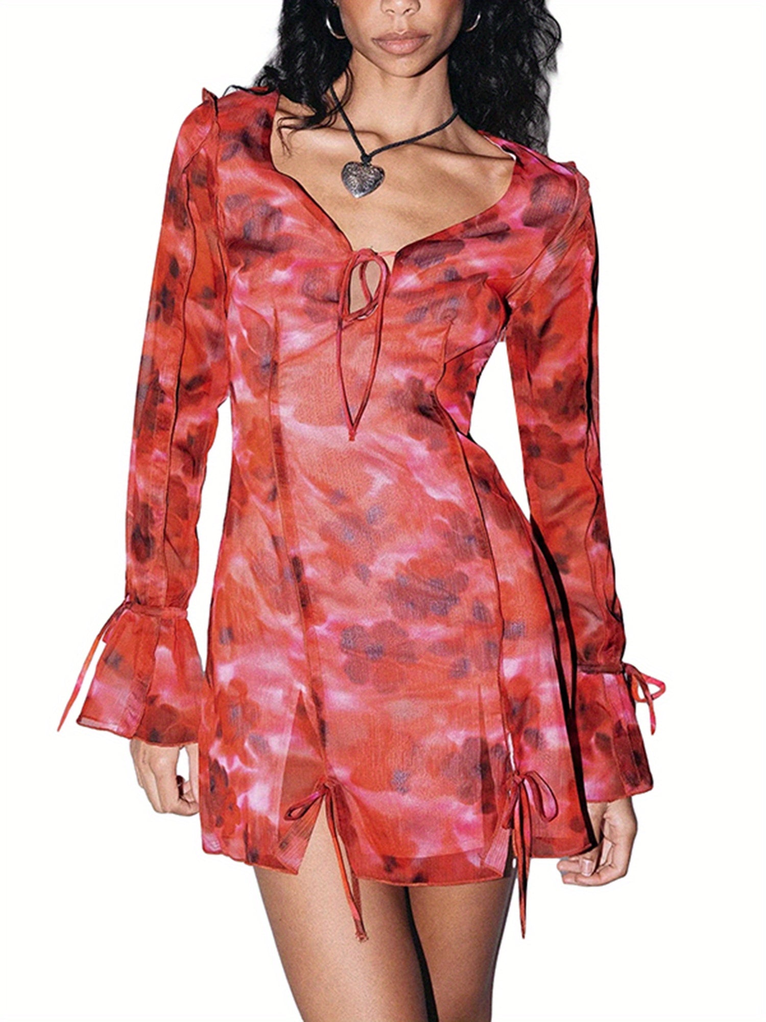 Elegant Floral Print Mini Dress for Women - V-Neck, Long Sleeve with Tie-Front Detail & Split Hem, Lightweight Polyester - Perfect for Spring\u002FSummer Casual or Clubwear, Cute Dress