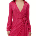 Y2K Women's Short Sequin Dress - Long Sleeve Lapel Deep V-Neck Cross Front Knot Detail Evening Dress, Machine Washable Spring Summer Fall Party Clubwear, Versatile Dress | Lapel Collar | Sequin Fabric, Sequin Formal Dress