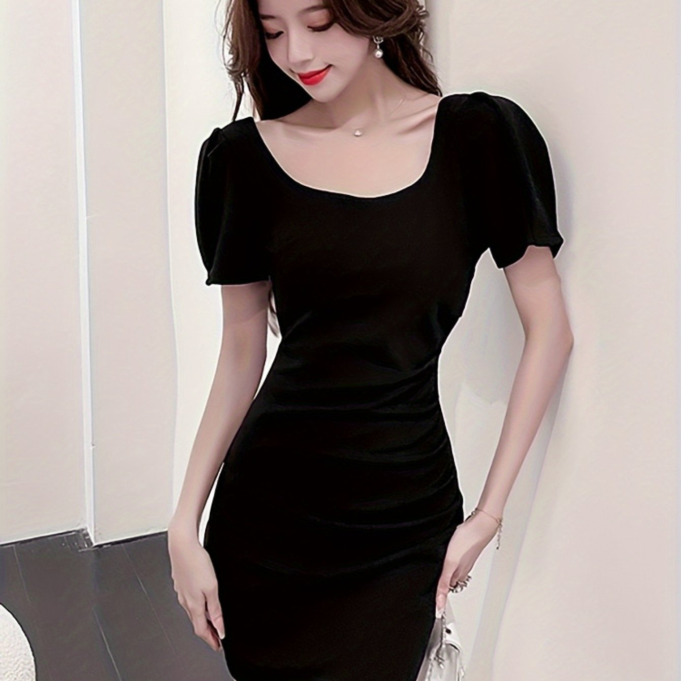 Women's Elegant Black Formal\u002FParty\u002FOffice Dress - Square Neck, H-Silhouette, Chic Evening Outfits for Women, Party Attire, Puff Sleeve Design, Smooth Fabric, Bodycon Silhouette, Fashion Lovers