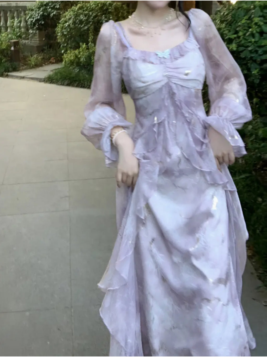 Elegant Gray-Blue Ombre Ruffled Long Sleeve Dress with Princess Sleeves & Square Neckline - Bodycon Floor-Length Summer Dress for Women, Machine Washable