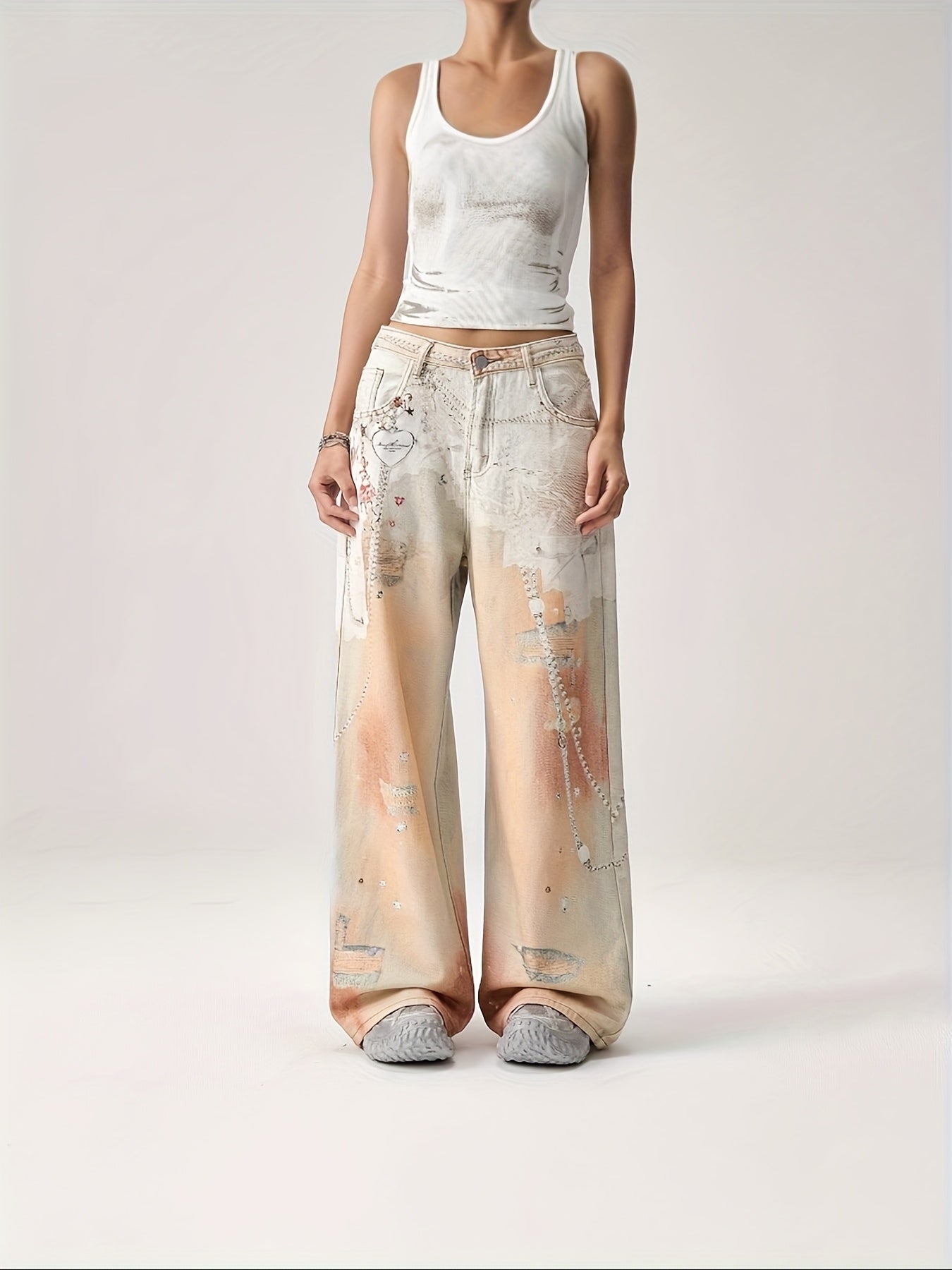 Women'S Retro Wide Leg Jeans with Star & Heart Print - Light Beige, Loose Fit, Non-Stretch Fabric, Casual Summer Style, All-Season Comfort, Comfortable Fashion | Vintage Style Jeans | Nonstretch Fabric