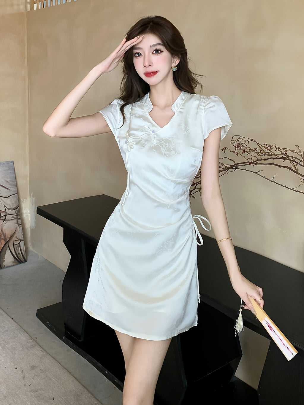 Jacquard Satin Lace-Up Drawstring Elegant Dress