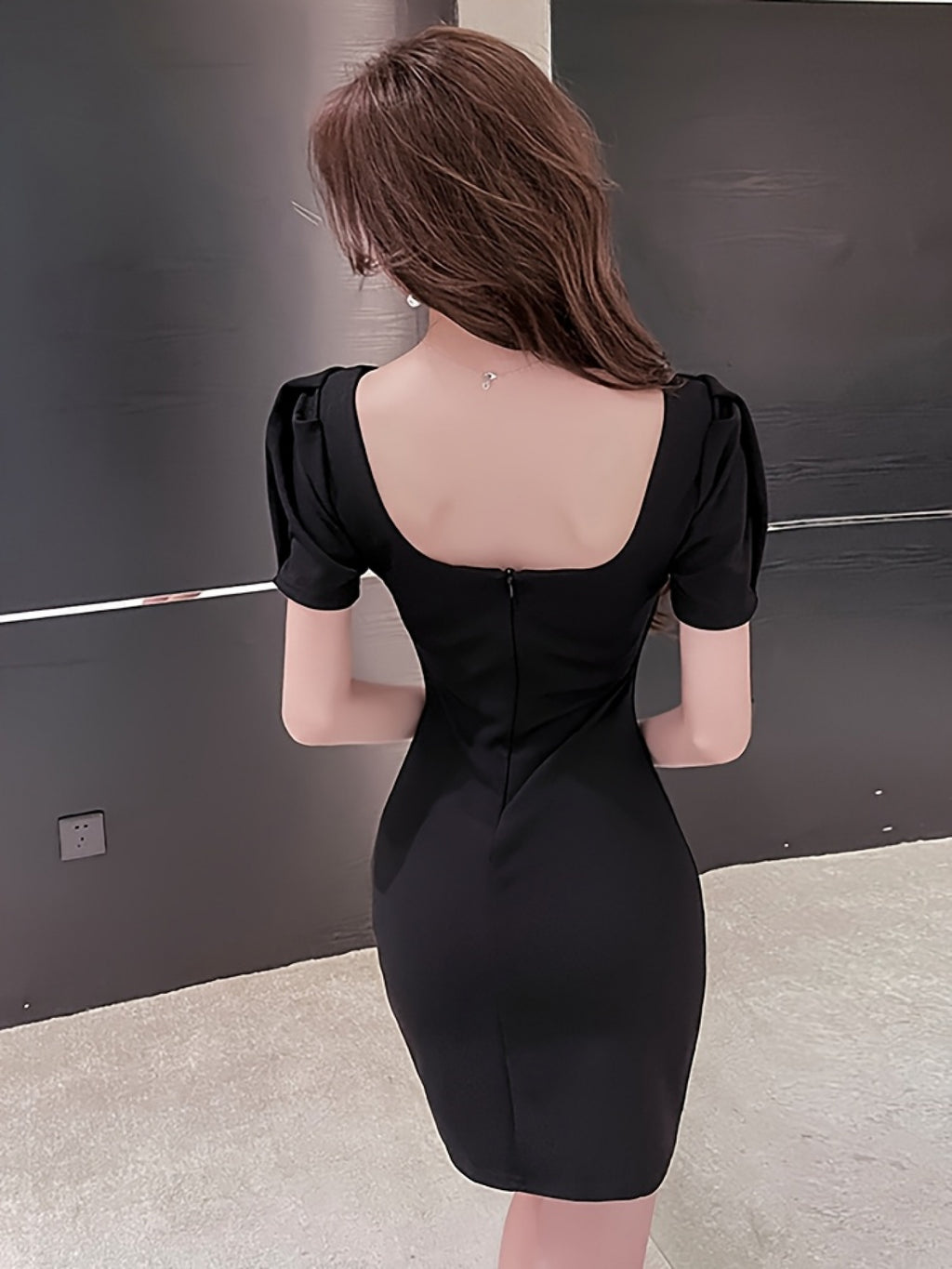 Women's Elegant Black Formal\u002FParty\u002FOffice Dress - Square Neck, H-Silhouette, Chic Evening Outfits for Women, Party Attire, Puff Sleeve Design, Smooth Fabric, Bodycon Silhouette, Fashion Lovers