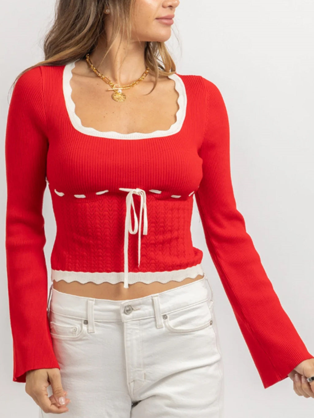 Womens Knit Crop Tops Slim Contrast Trim Bow Square Neck Long Sleeve Shirts Fall Casual Streetwear