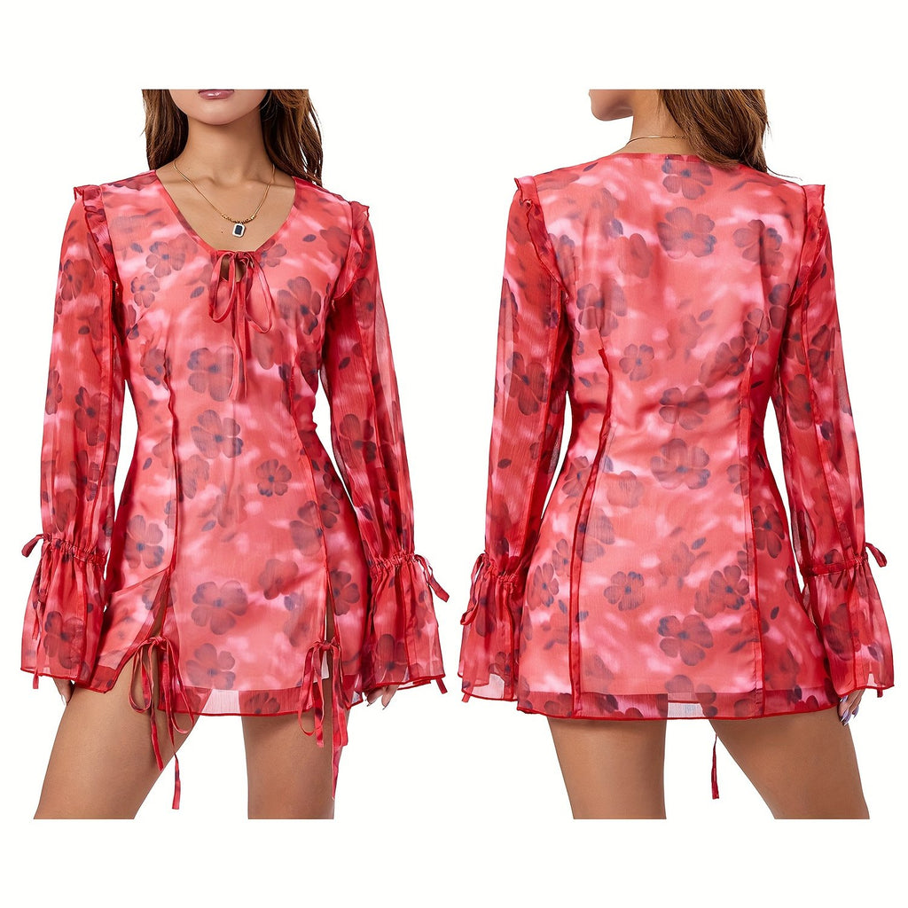 Elegant Floral Print Mini Dress for Women - V-Neck, Long Sleeve with Tie-Front Detail & Split Hem, Lightweight Polyester - Perfect for Spring\u002FSummer Casual or Clubwear, Cute Dress