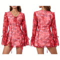 Elegant Floral Print Mini Dress for Women - V-Neck, Long Sleeve with Tie-Front Detail & Split Hem, Lightweight Polyester - Perfect for Spring\u002FSummer Casual or Clubwear, Cute Dress