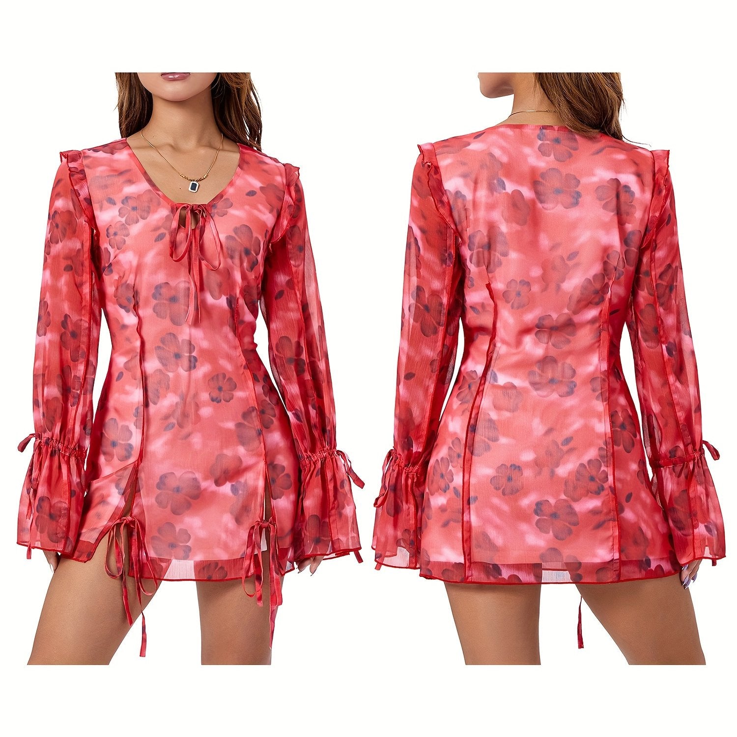 Elegant Floral Print Mini Dress for Women - V-Neck, Long Sleeve with Tie-Front Detail & Split Hem, Lightweight Polyester - Perfect for Spring\u002FSummer Casual or Clubwear, Cute Dress