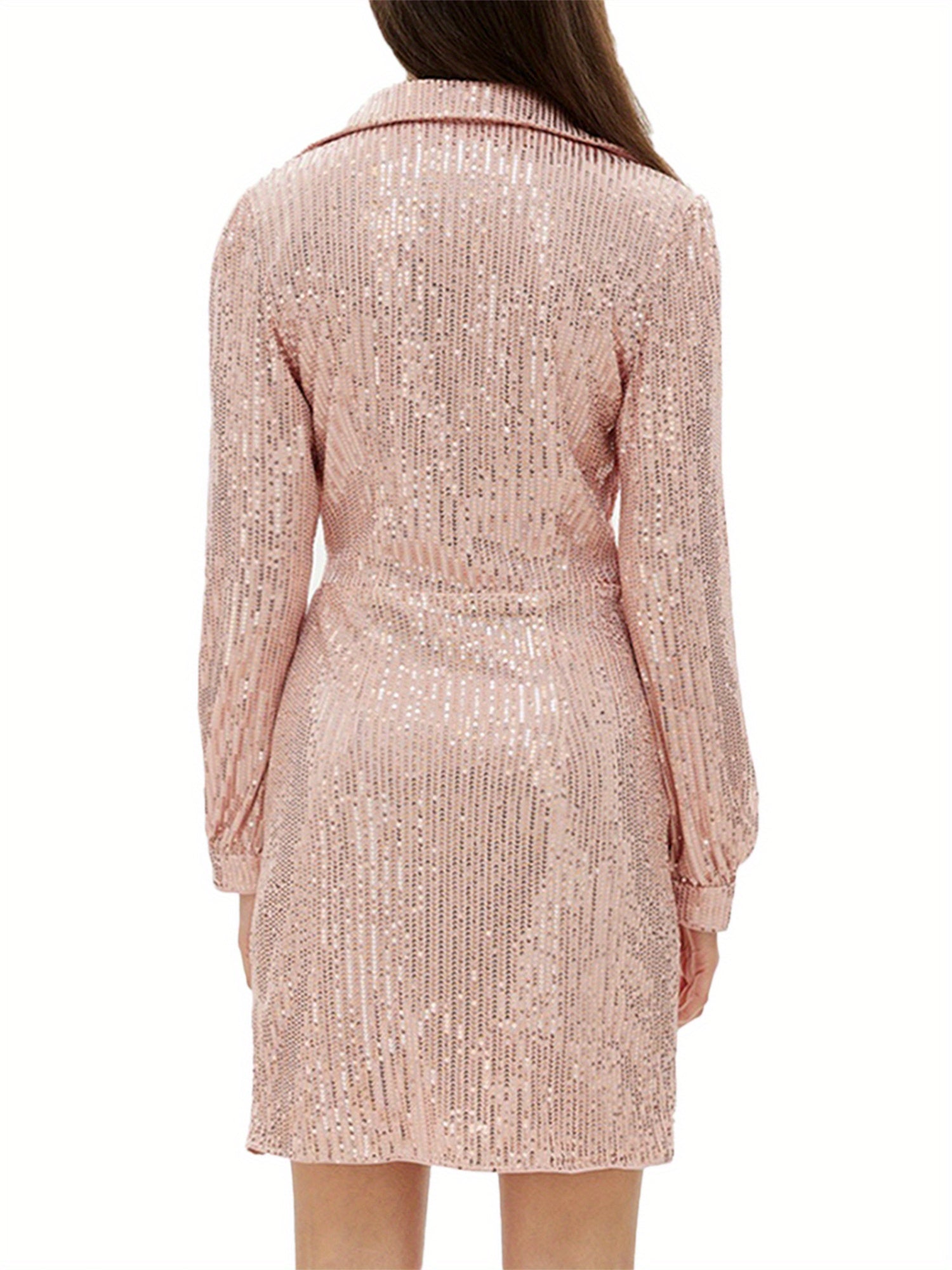 Y2K Women's Short Sequin Dress - Long Sleeve Lapel Deep V-Neck Cross Front Knot Detail Evening Dress, Machine Washable Spring Summer Fall Party Clubwear, Versatile Dress | Lapel Collar | Sequin Fabric, Sequin Formal Dress