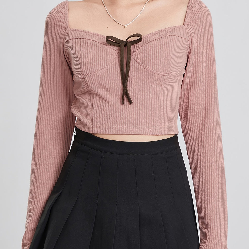 1pc Women'S Cotton Ribbed Long Sleeve Crop Top with Sweetheart Neckline and Bow Tie Detail - Casual Square Neck Knit Fabric Solid Color Tops for All Seasons
