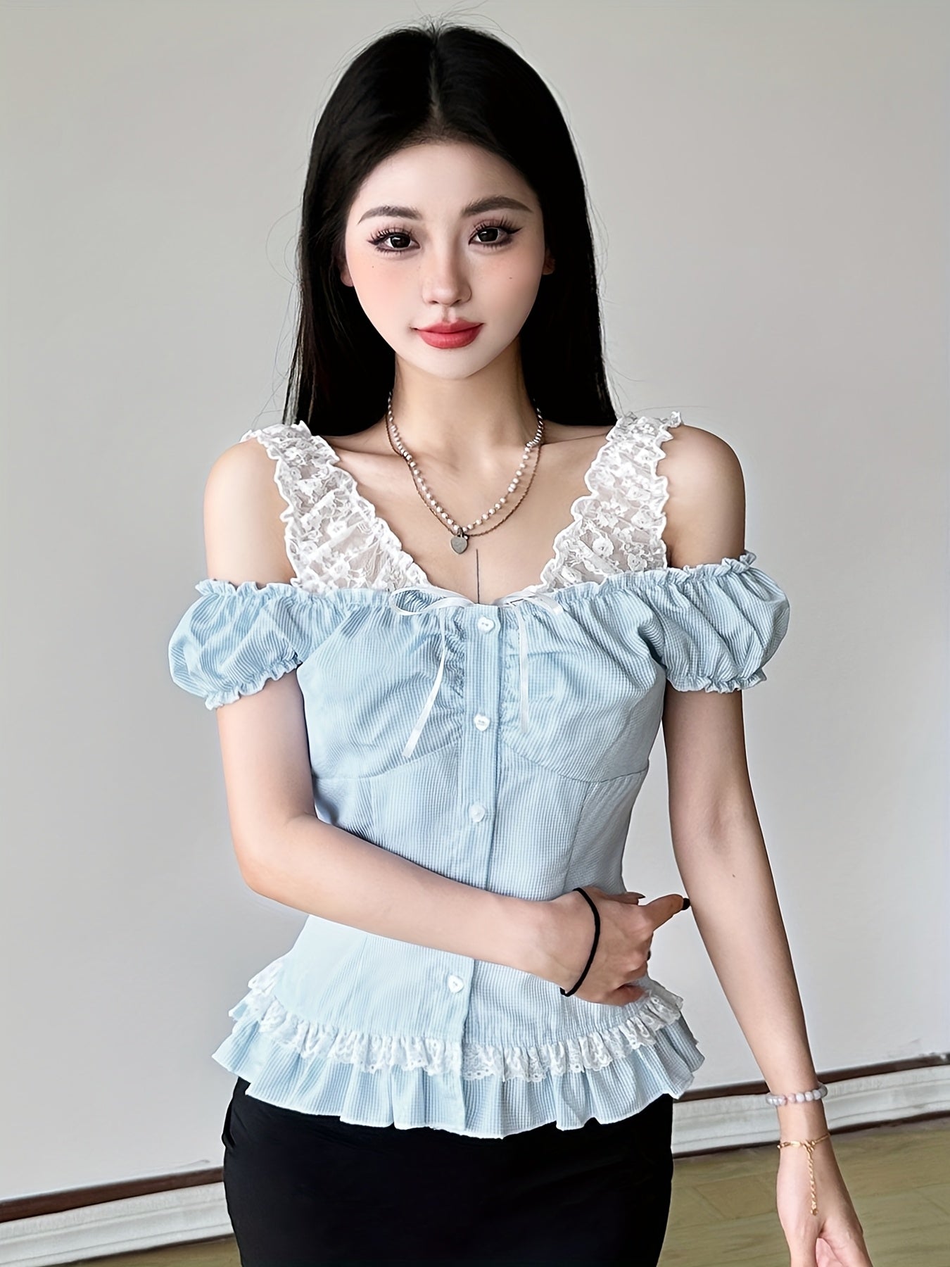 SassyGals Women's French-Inspired Elegant Ruffled Sleeve & Faux Peplum Hem T-Shirt - Light Blue Grid Pattern, Stretchy Polyester\u002FElastane Blend, Waist-Cinching Top for Summer Casual & Semi-Formal Outfits