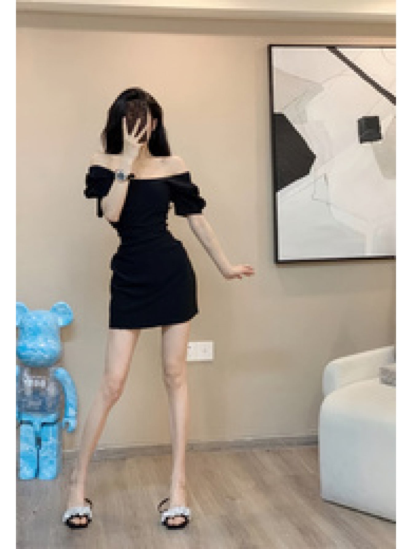 Women's Elegant Black Formal\u002FParty\u002FOffice Dress - Square Neck, H-Silhouette, Chic Evening Outfits for Women, Party Attire, Puff Sleeve Design, Smooth Fabric, Bodycon Silhouette, Fashion Lovers