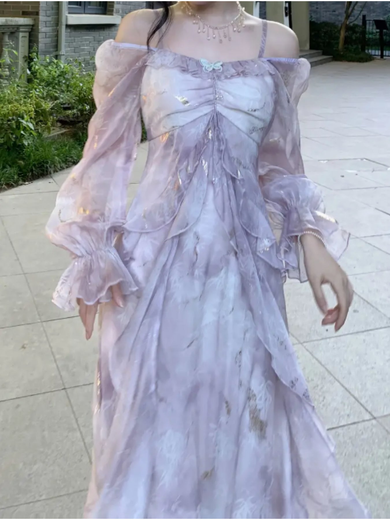 Elegant Gray-Blue Ombre Ruffled Long Sleeve Dress with Princess Sleeves & Square Neckline - Bodycon Floor-Length Summer Dress for Women, Machine Washable