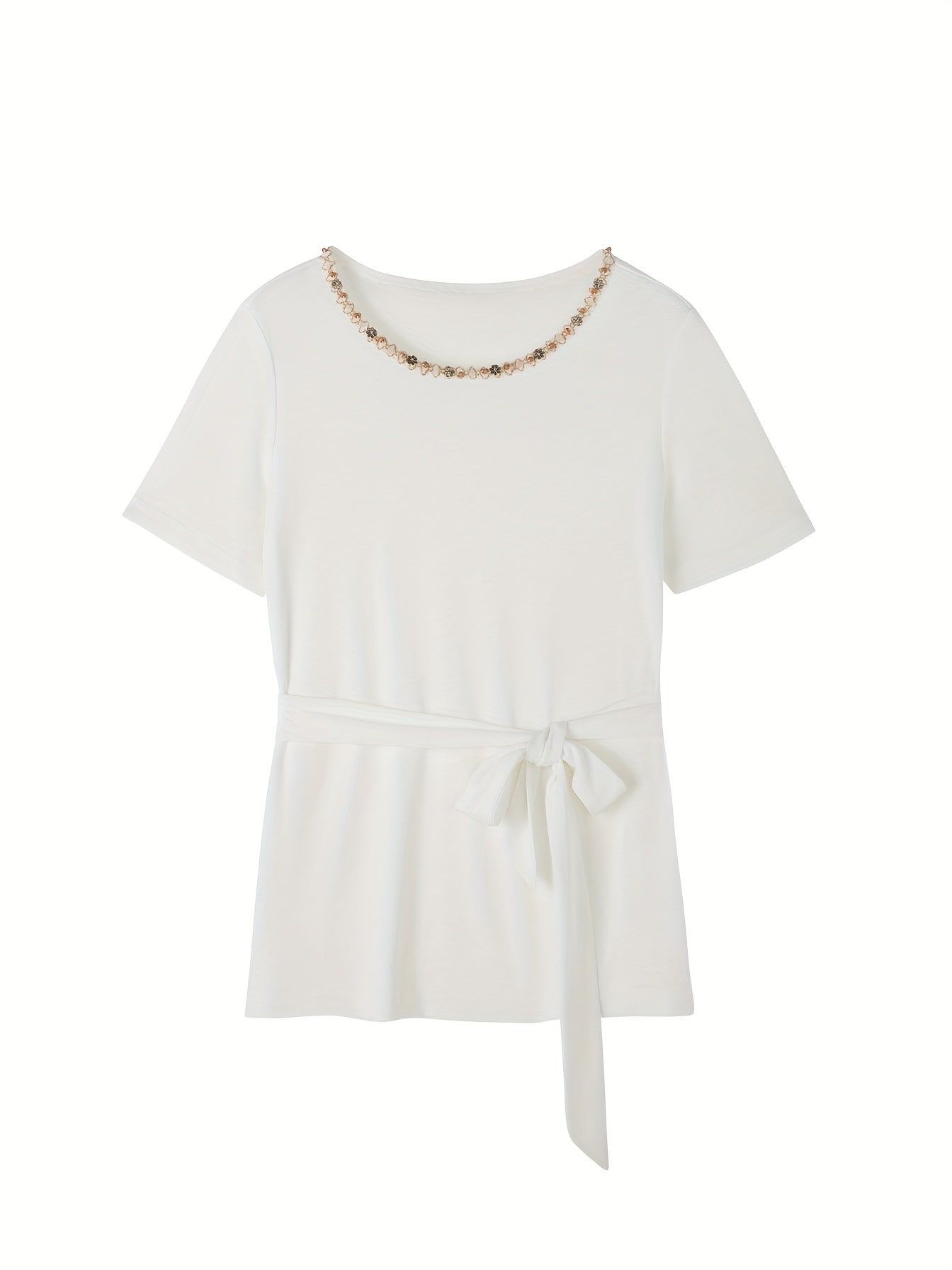 Elegant Waist Tie T-Shirt XWI Women's Elegant Short Sleeve T-Shirt | Spring Summer Casual Top with Waist Tie-Belt Detail, Semi-Sheer Round Neck, H-Line Fit, Machine Washable