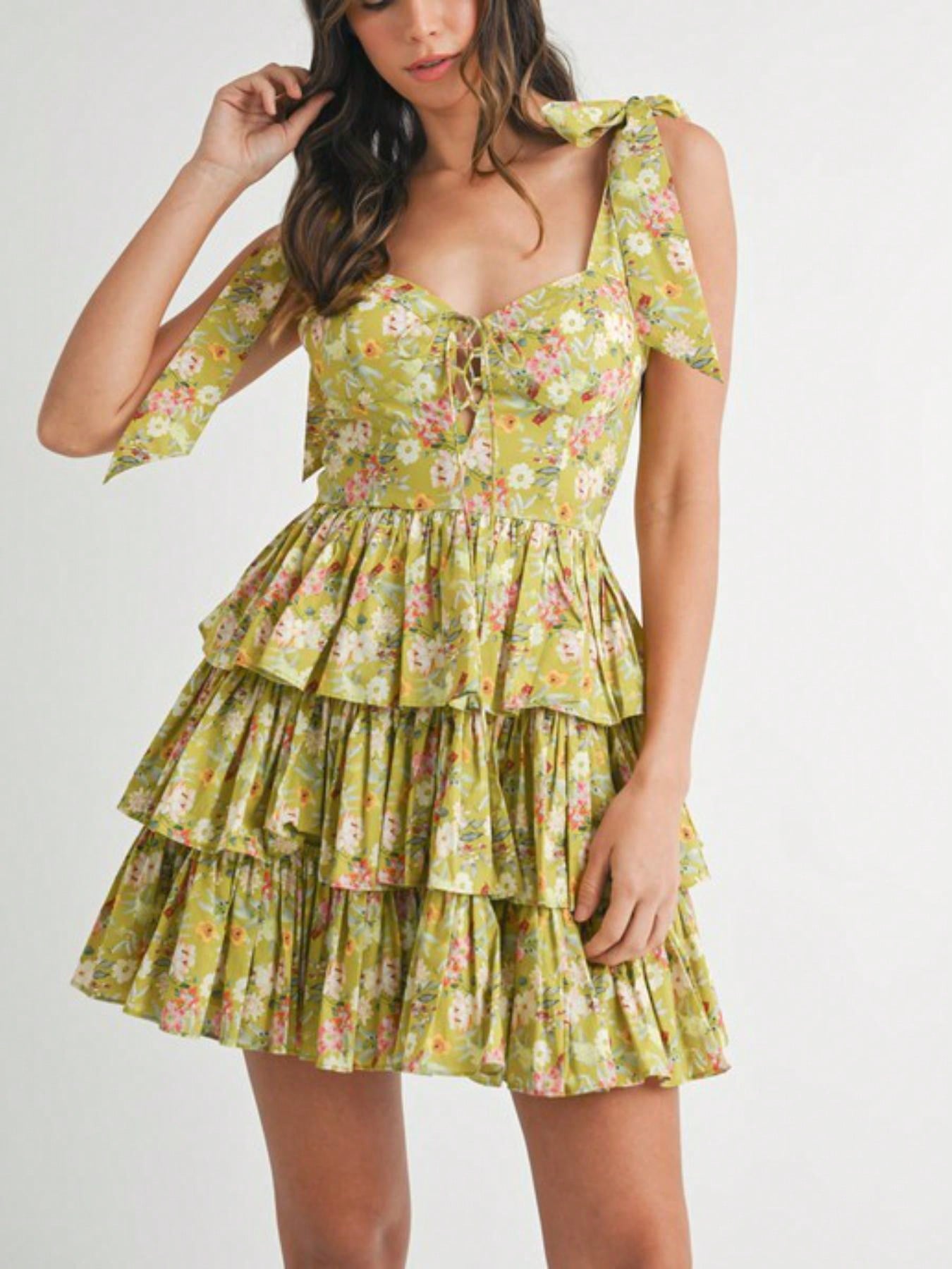 Womens Casual Floral Print Romantic Chic Bow Shoulder Tiered Ruffle Mini Dress Sweetheart Neckline Sleeveless Yellow Green Spring Summer Garden Party Sundress