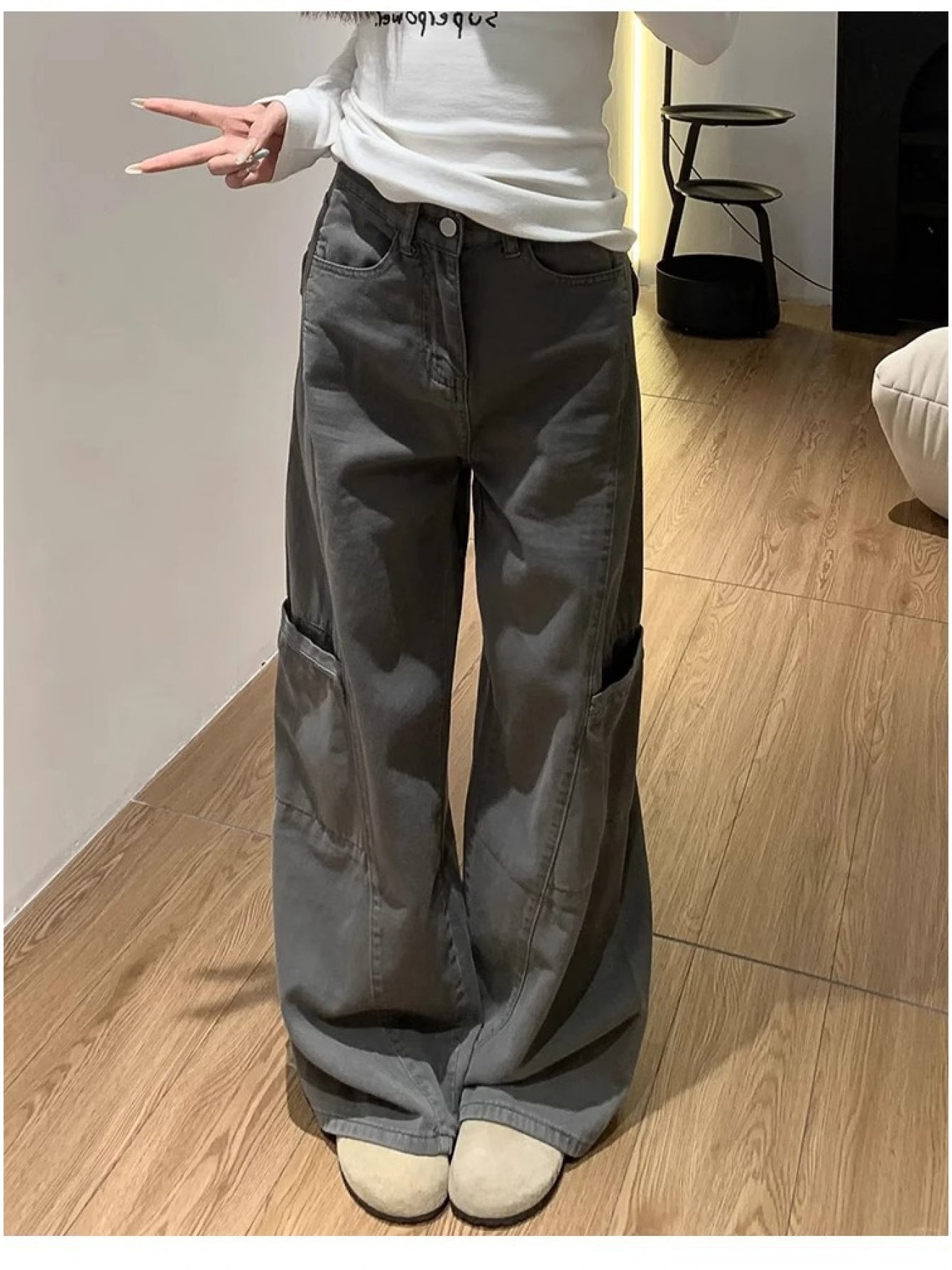 Gray Wide-Leg Cargo Pants for Women, Summer New Style, Plus Size, Loose Fit, Pear-Shaped Body, Straight-Leg Jeans